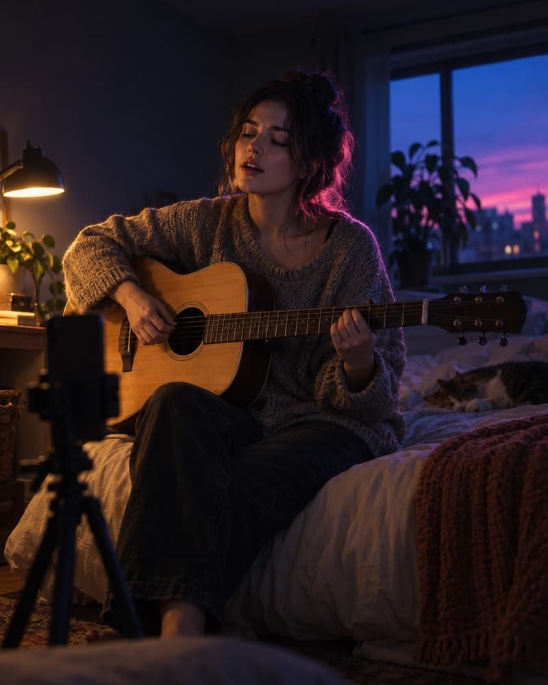 A young woman sings and plays acoustic guitar on her bed at dusk, filming herself on a phone on a small tripod.