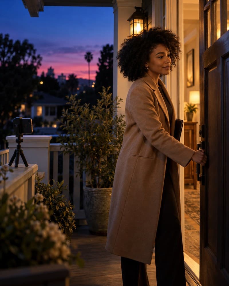A real estate agent opens the front door of a craftsman home at blue hour, filming the walkthrough on a phone on the porch rail.