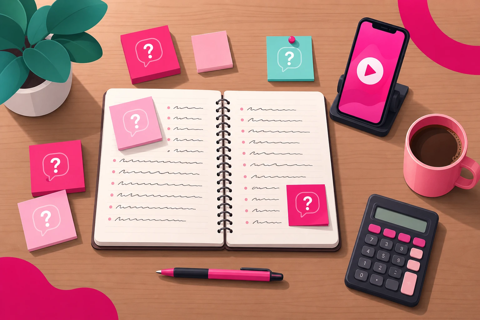 An illustration of an open notebook on a desk filled with handwritten client money questions, surrounded by sticky notes with question mark icons, beside a smartphone on a small stand and a calculator