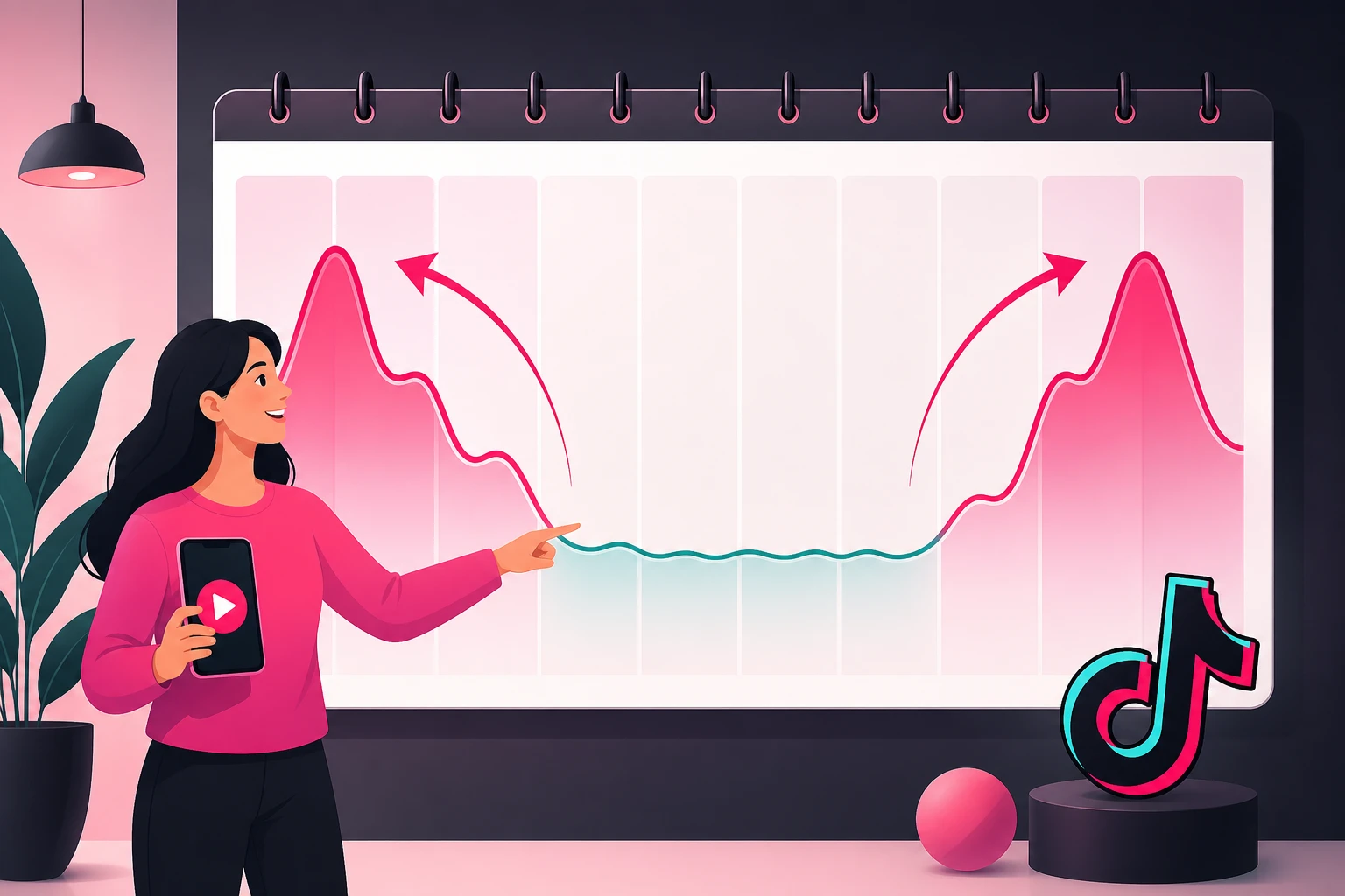 An illustration of a wall calendar chart with twelve month columns showing a demand curve that is flat through the middle months and peaks at both ends, with a person beside it holding a phone and arrows curving from the quiet months toward the busy peaks