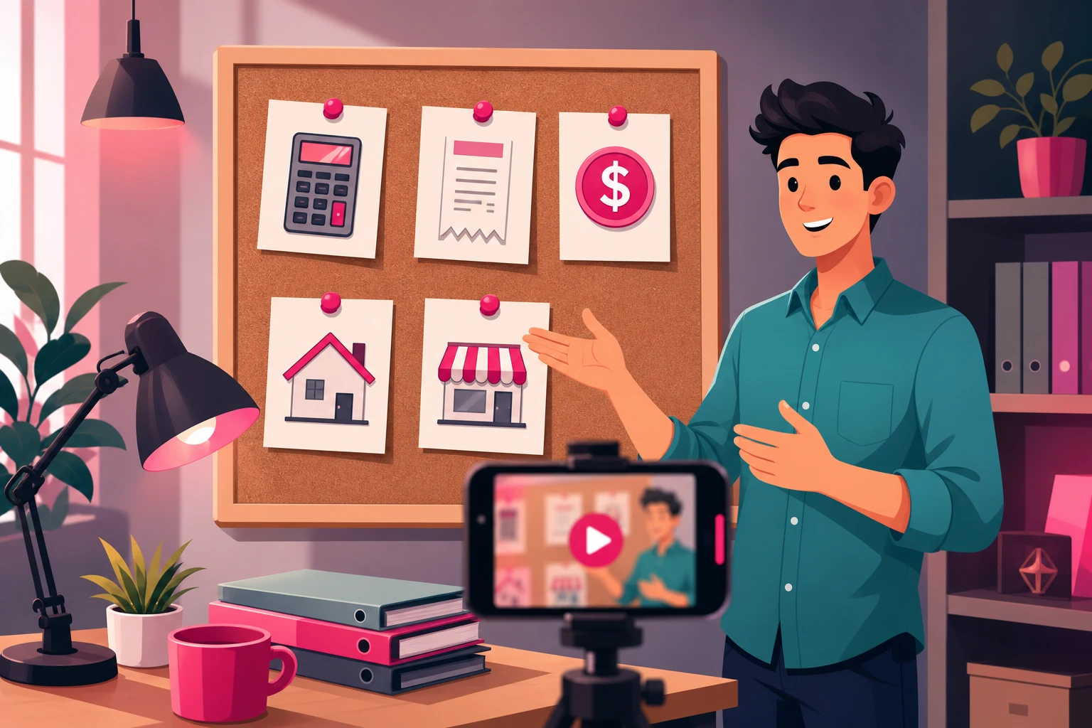 An illustration of a friendly accountant standing beside a corkboard of pinned index cards, each card carrying a small icon for a different money video idea, with a smartphone on a tripod framing the scene in a warm office