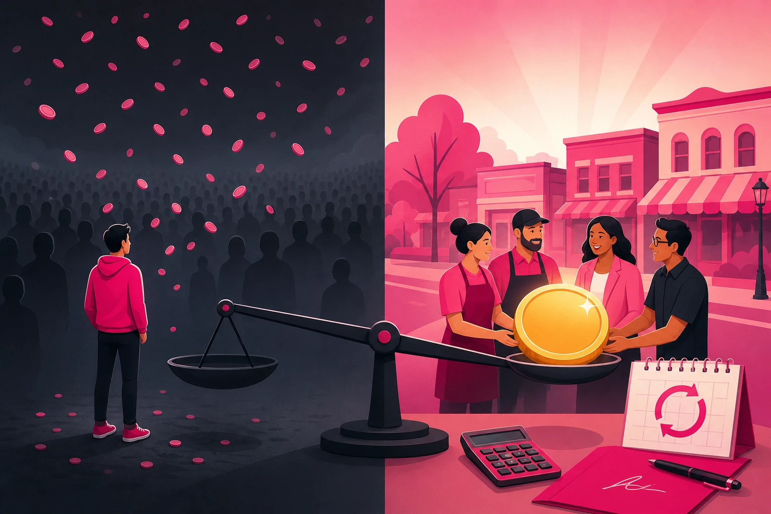 A split illustration: on the left, a lone figure under a rain of tiny scattered coins in front of an enormous faceless crowd; on the right, a small circle of local business owners gathered around one large glowing gold coin beside a calendar with a repeat arrow and a calculator, with a balance scale between the two halves