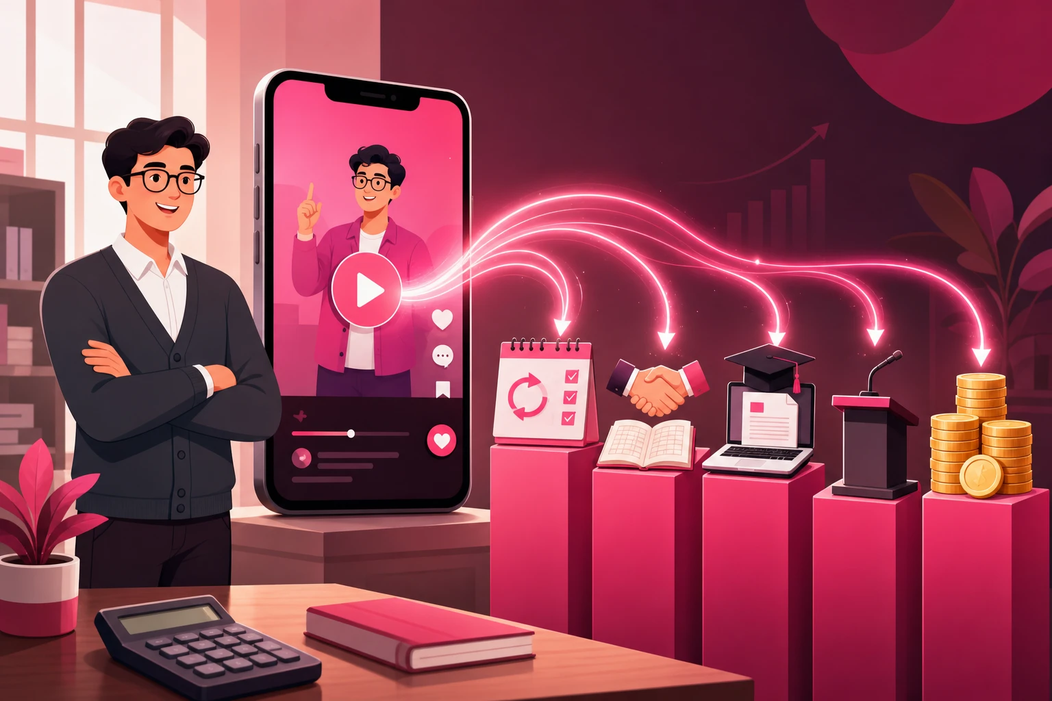 An illustration of a friendly accountant beside a tall smartphone playing a short-form video, with glowing streams flowing from the phone into a row of revenue pillars: a calendar with a repeat arrow, a handshake over a ledger, a laptop with a graduation cap, a lectern with a microphone, and stacked gold coins