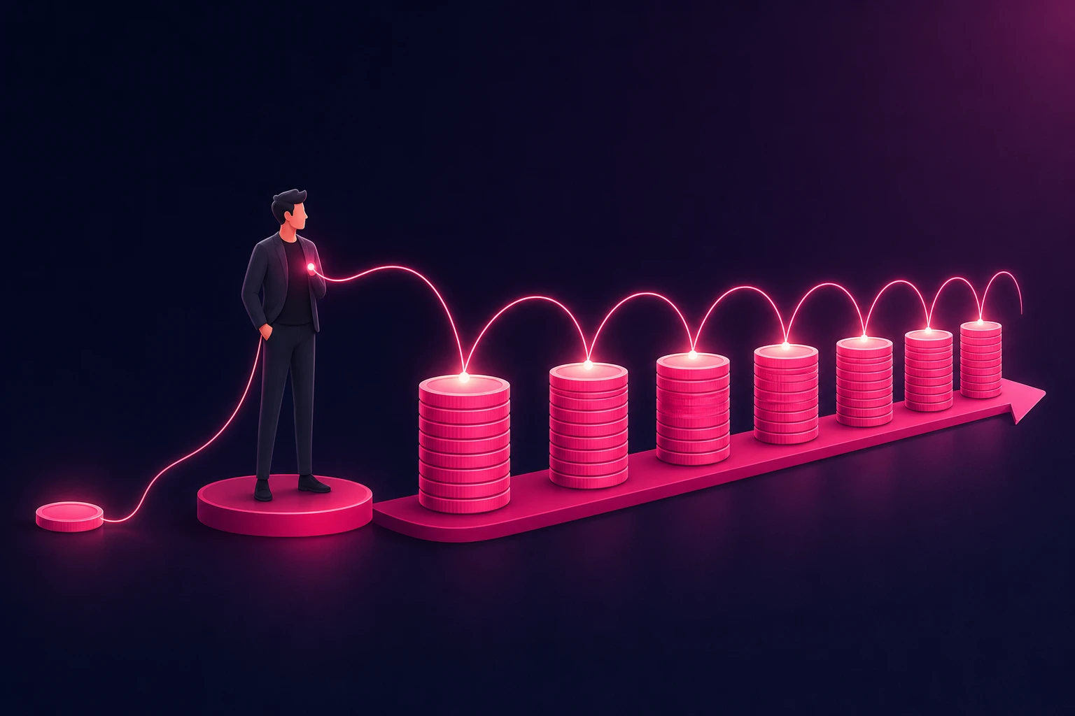 An illustration of one client figure connected by a glowing pink thread to a row of identical coin stacks repeating across a multi-year timeline, contrasted with a single lone coin - recurring client value versus a one-time sale