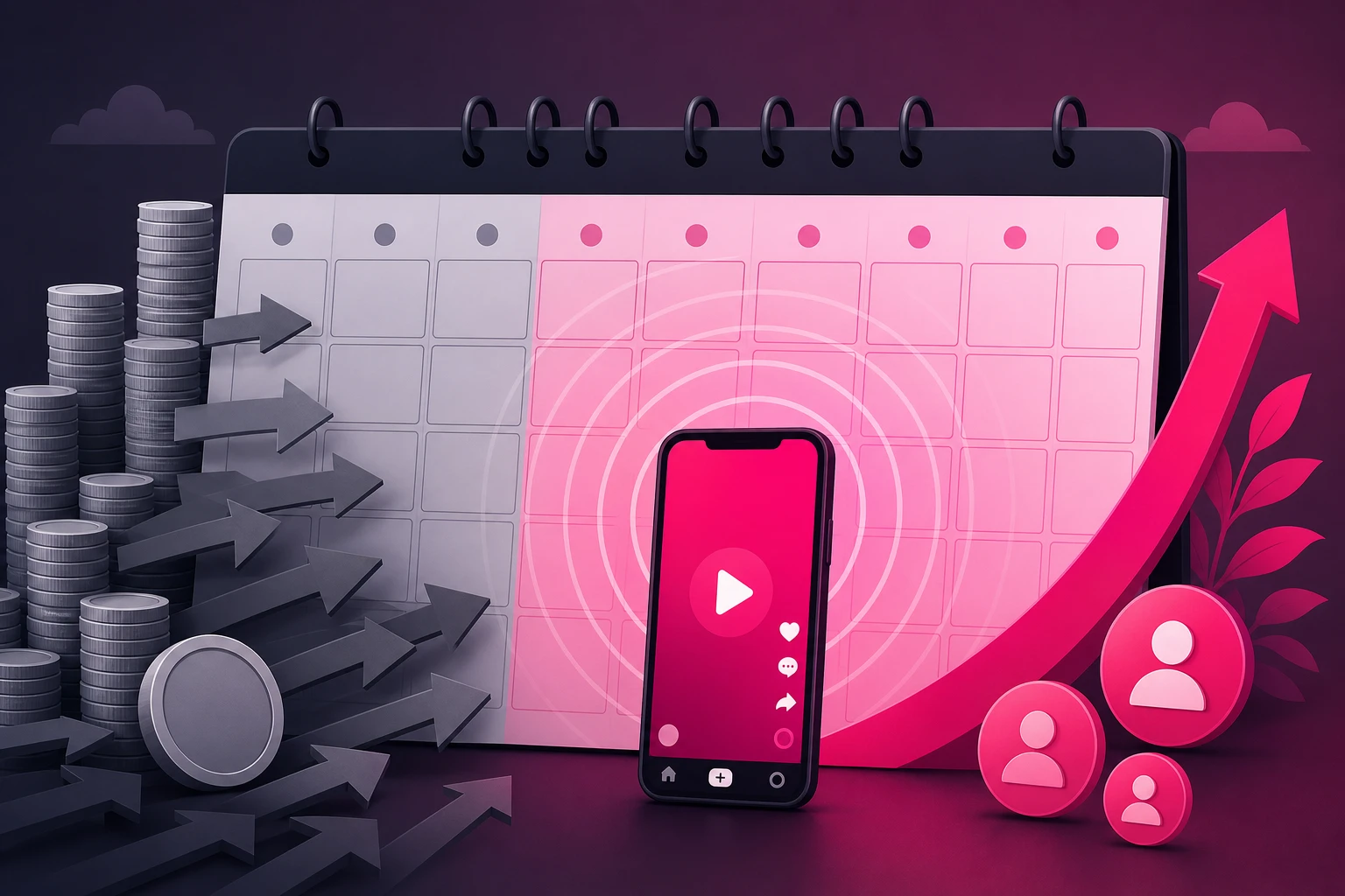 An illustration of a yearly calendar where the crowded early months sit greyed out under expensive coin stacks and competing arrows while the quiet mid-year months glow pink with amplification rings around a phone showing a video play button