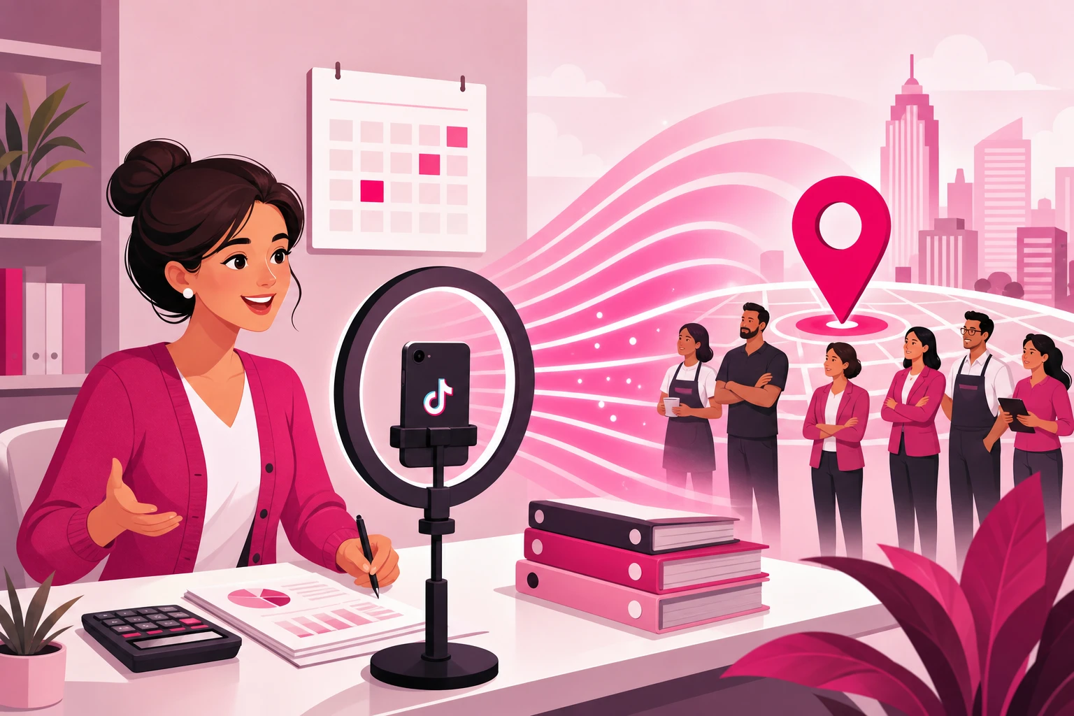 An illustration of an accountant filming herself on a smartphone ring light at a tidy desk with a calculator and folders, with pink amplification waves reaching small business owners near a city map pin and a wall calendar with highlighted months