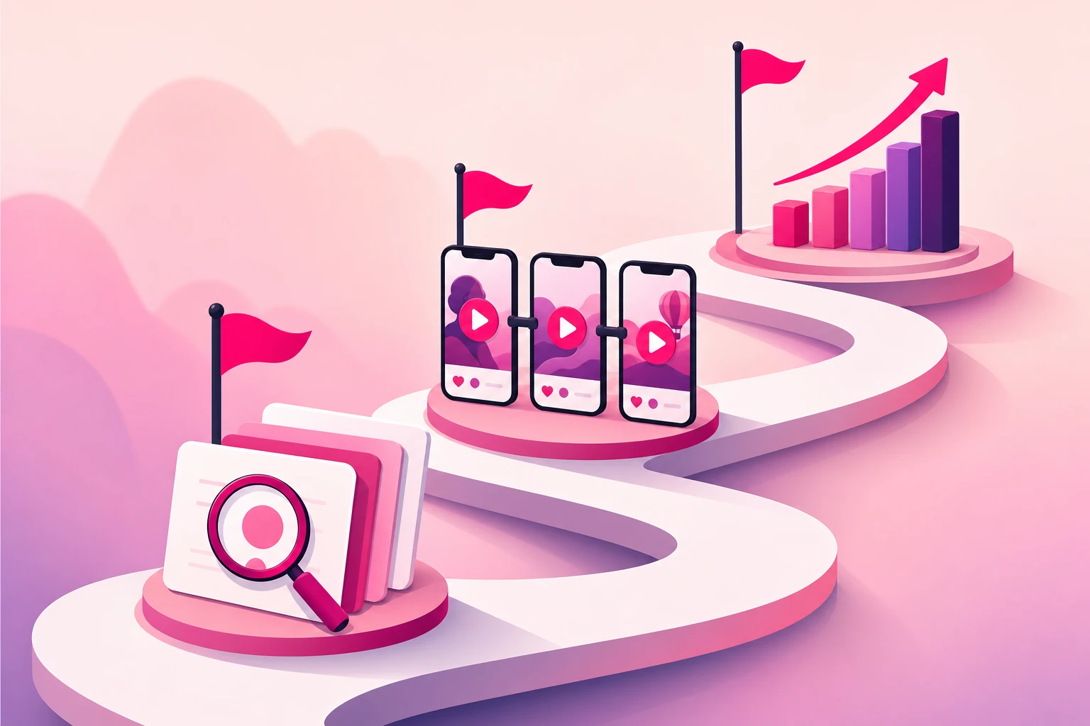 An illustration of a 90-day growth roadmap as a winding path with three milestone flags: a magnifying glass over question cards, a chain of linked video thumbnails forming a series, and a rising arrow over a bar chart