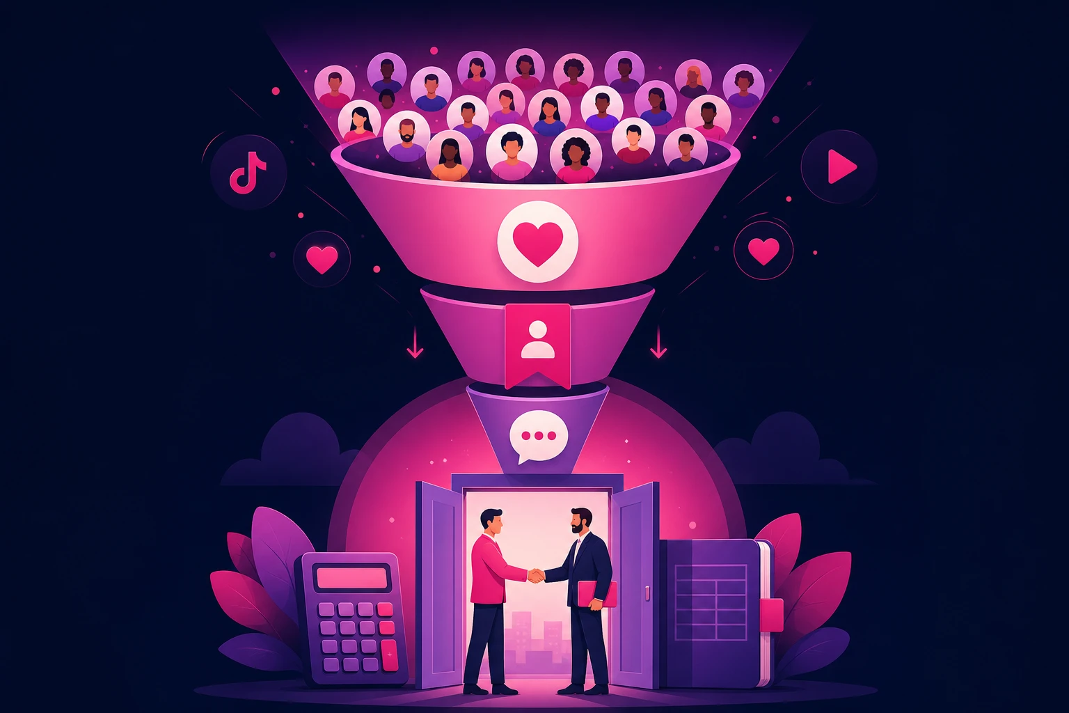 An illustration of a vertical funnel: a crowd of viewer avatars at the top narrowing through a heart, a follow icon, and a speech bubble down to a handshake in front of an office door beside a calculator and ledger