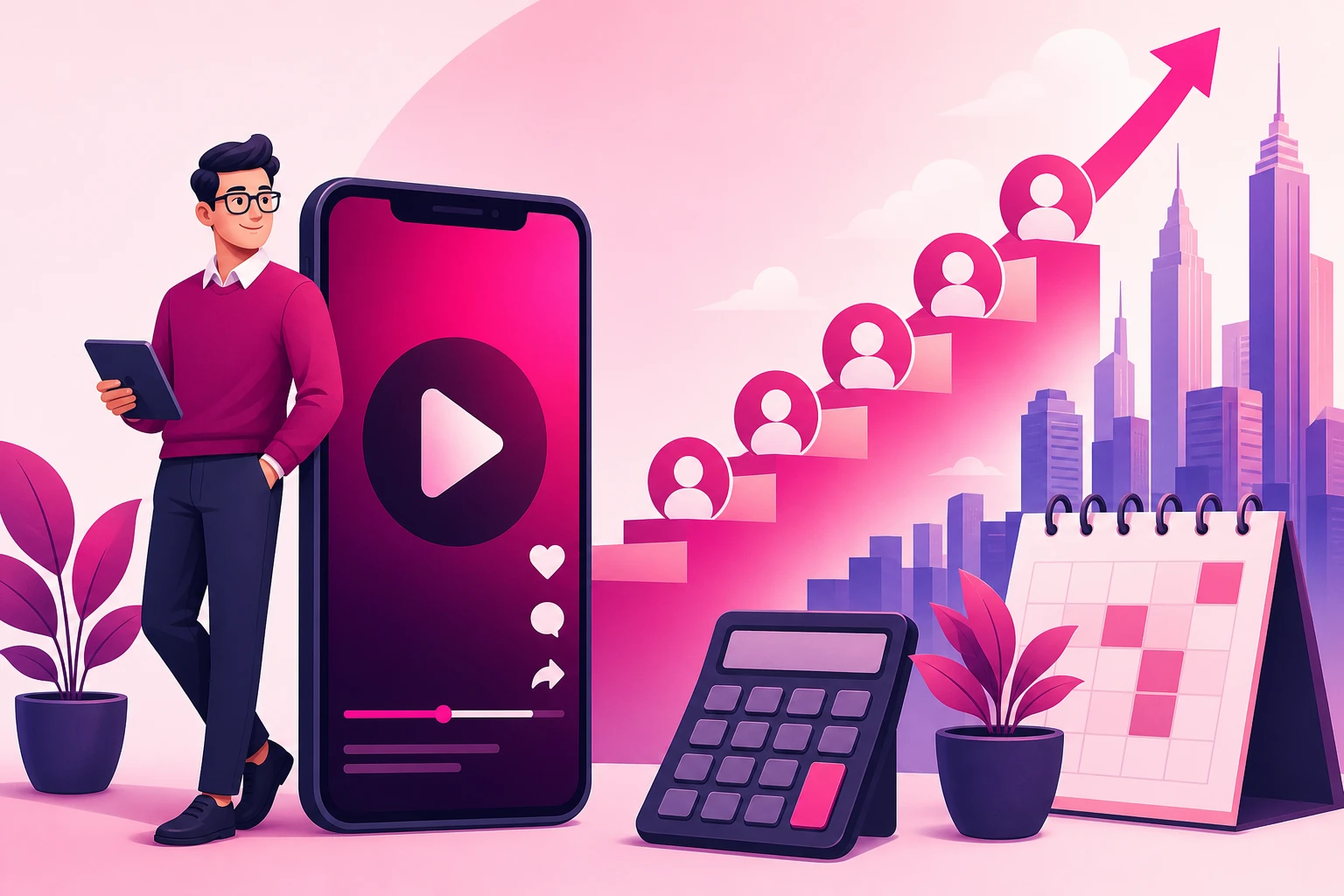 An illustration of a friendly accountant beside a tall smartphone showing a short-form video, with a rising staircase of follower avatars climbing past a calculator and a wall calendar toward a city skyline