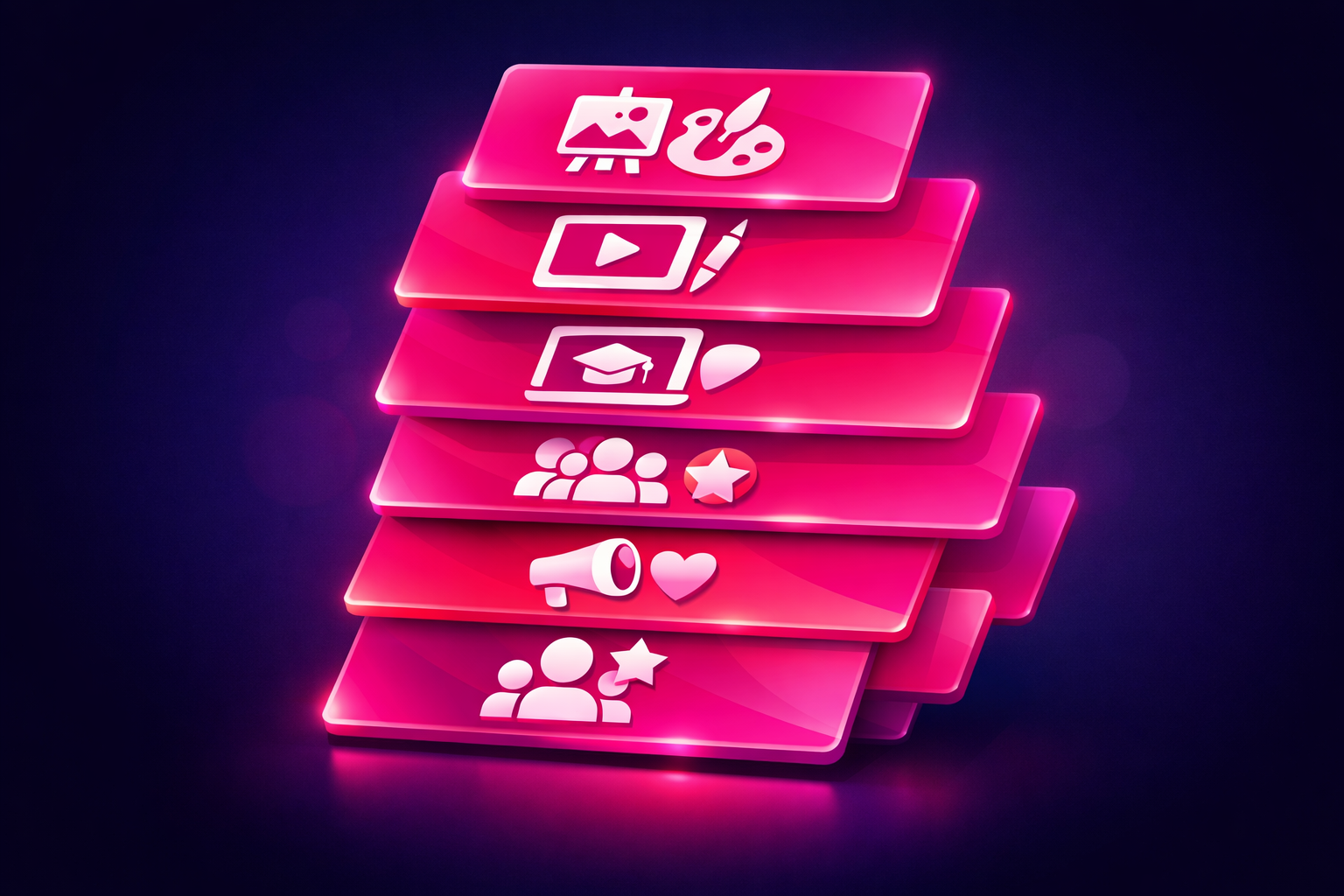 A stack of glowing pink and magenta cards, each with an icon representing a revenue stream - prints and original art, video, a graduation cap for teaching, a community of people, a megaphone for brand deals, and a heart - arranged like an income dashboard on a dark background