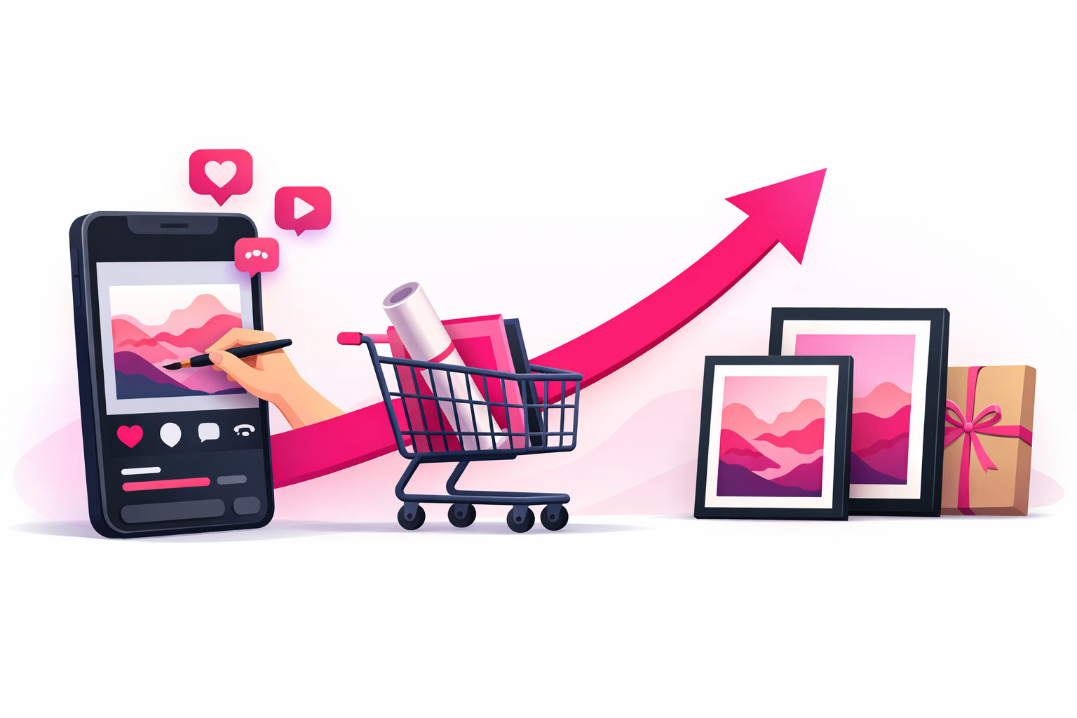 A phone playing an art process video with an upward growth arrow flowing into a shopping cart holding a rolled print, with framed prints and a gift-wrapped package beside it, on a clean background with pink and magenta accents, showing attention converting into sales