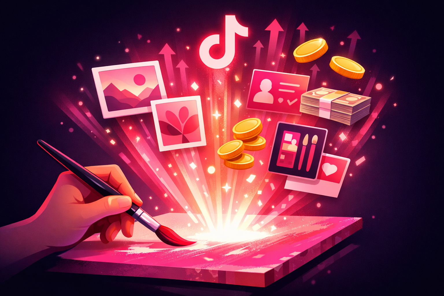 An artist's hand holding a paintbrush over a glowing canvas that transforms into floating income streams - framed prints, commission cards, digital product tiles, coins, and cash - rising upward with a TikTok logo, on a pink and magenta gradient background