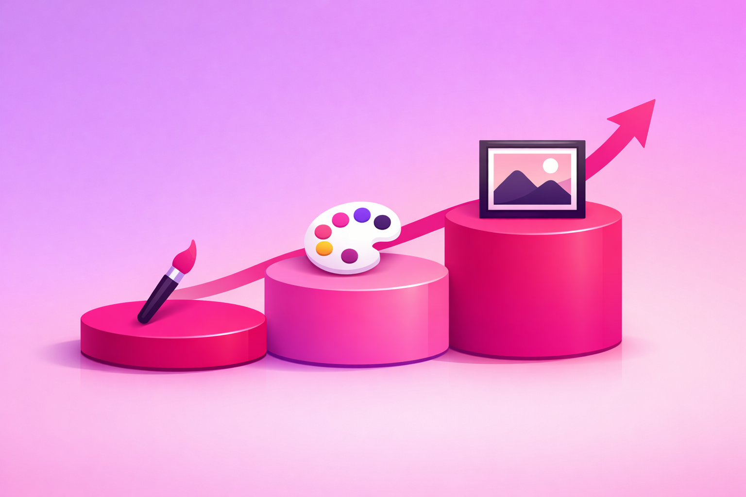 A three-phase art growth roadmap shown as three ascending platforms marked with a paintbrush, a paint palette, and a framed canvas, connected by an upward arrow, on a soft pink and purple gradient background