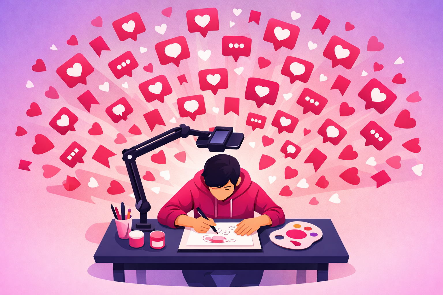 An artist drawing at a desk with a smartphone mounted overhead filming the work, surrounded by a growing cloud of heart, comment, and save icons representing a rapidly growing audience, on a soft pink and purple gradient background
