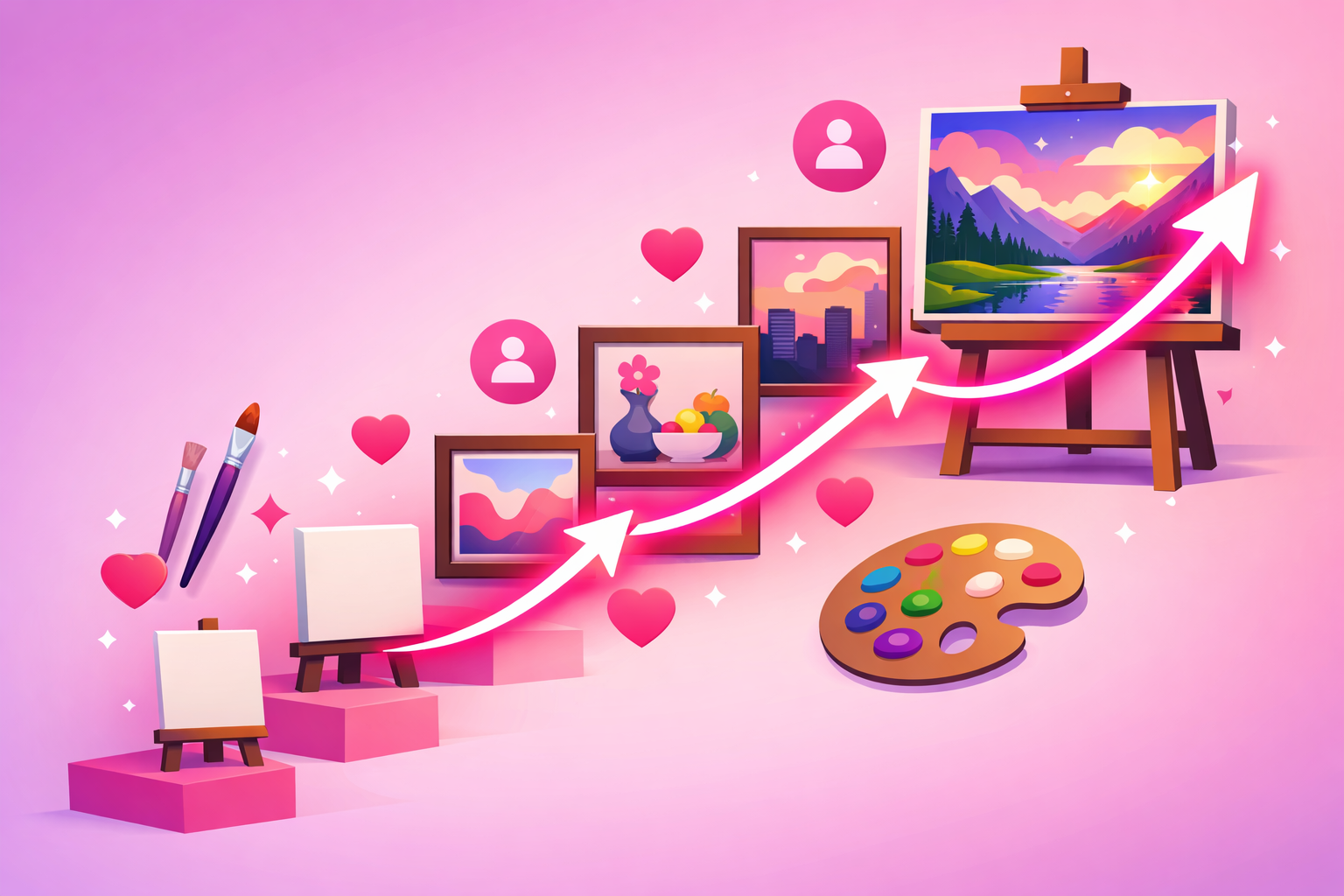 An artist's TikTok growth journey shown as ascending easels and framed paintings climbing from a small blank canvas to a large finished landscape, with an upward arrow, paintbrushes, a palette, and floating heart and follower icons on a soft pink and purple gradient background