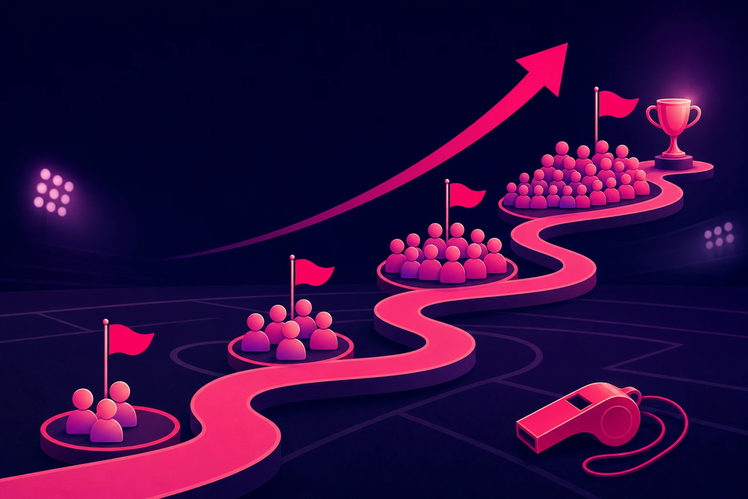 A winding milestone path across a stylized sports field with flags marking growing crowds of follower icons at each stage, a rising arrow overhead, a trophy at the summit, and a whistle beside the route