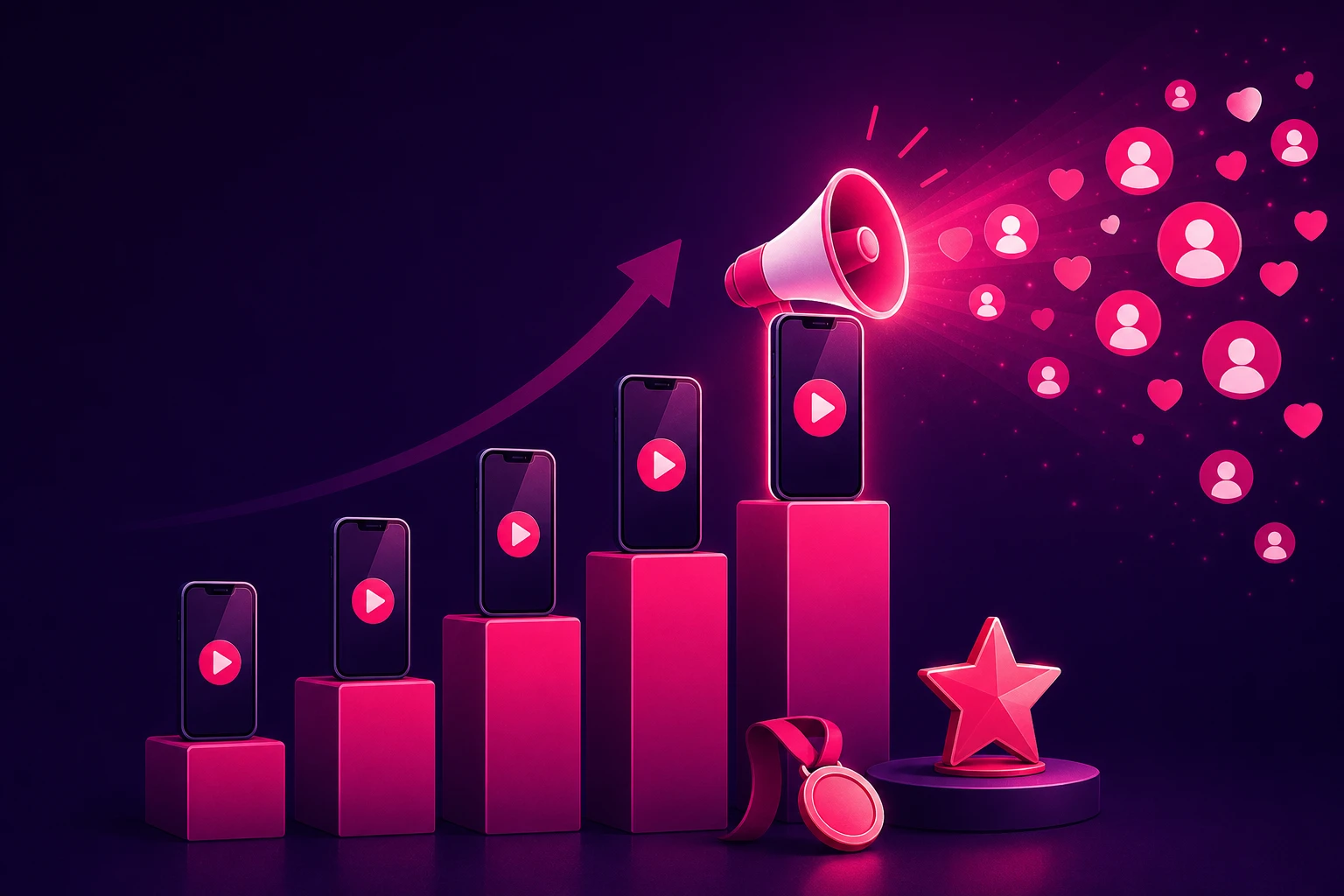Five rising podium platforms each holding a smartphone showing a video play button, the tallest amplified by a glowing megaphone projecting toward a crowd of follower icons and hearts, with a medal and star nearby on a deep purple background