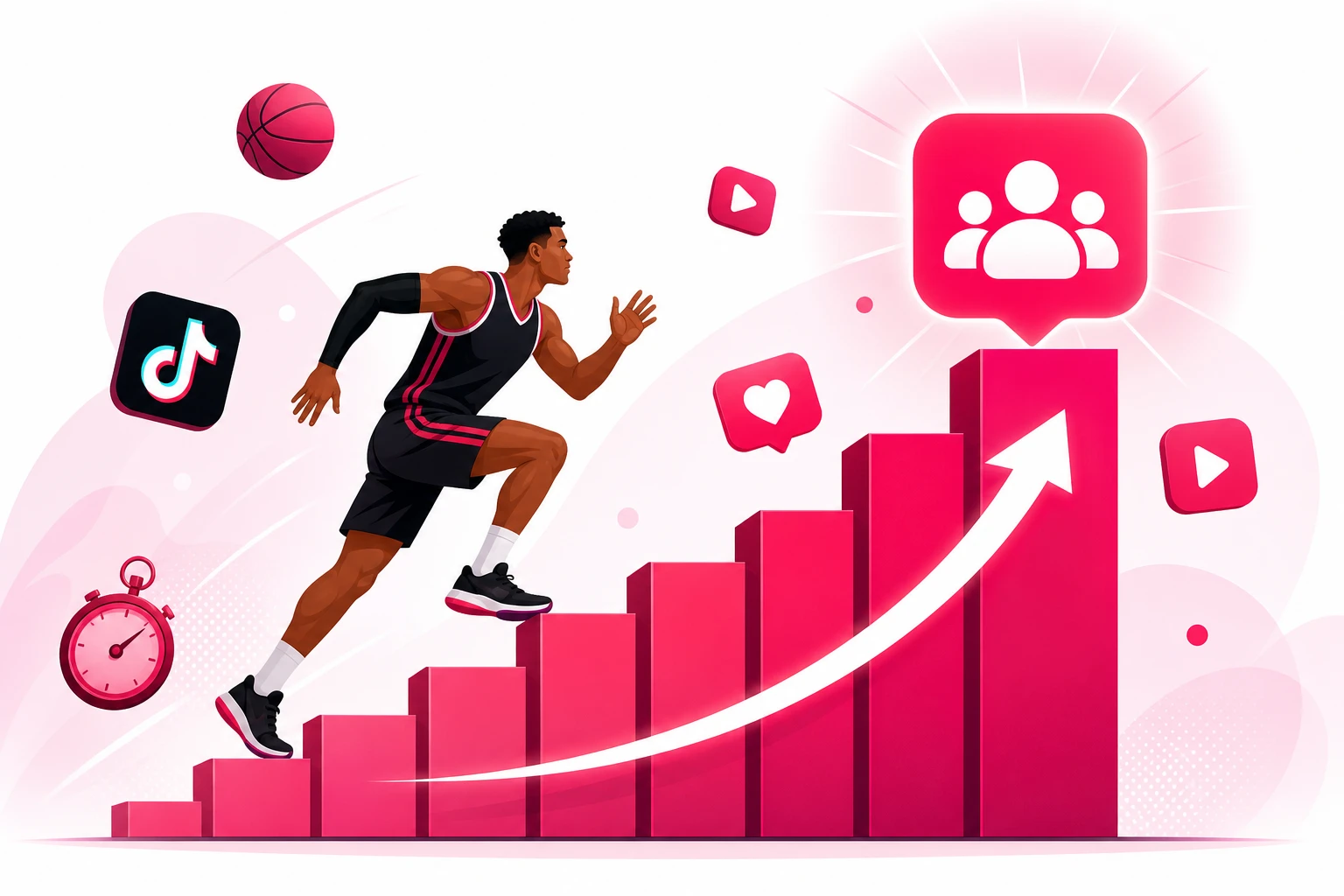 An athlete in a jersey sprinting up a rising staircase of bar-chart columns toward a glowing follower community badge, with an upward arrow, TikTok icons, a basketball, and a stopwatch on a clean white background
