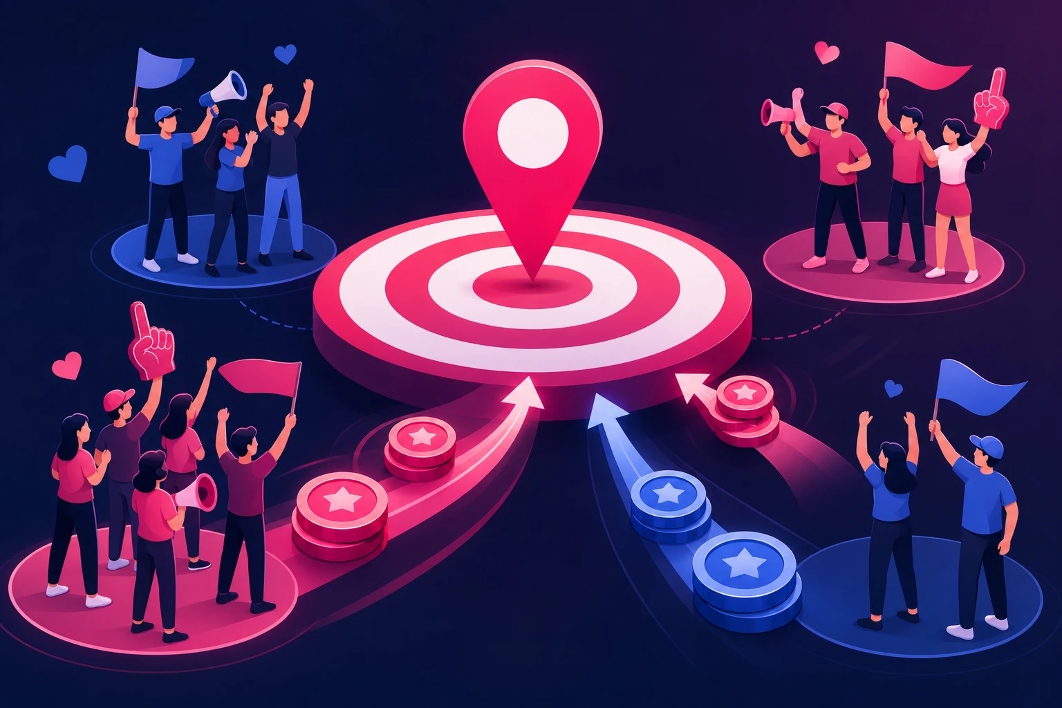 An illustration of a target with a location pin at the center surrounded by four groups of cheering fan figures, with coins flowing along arrows toward the target, representing testing fan audiences and shifting budget to the winner