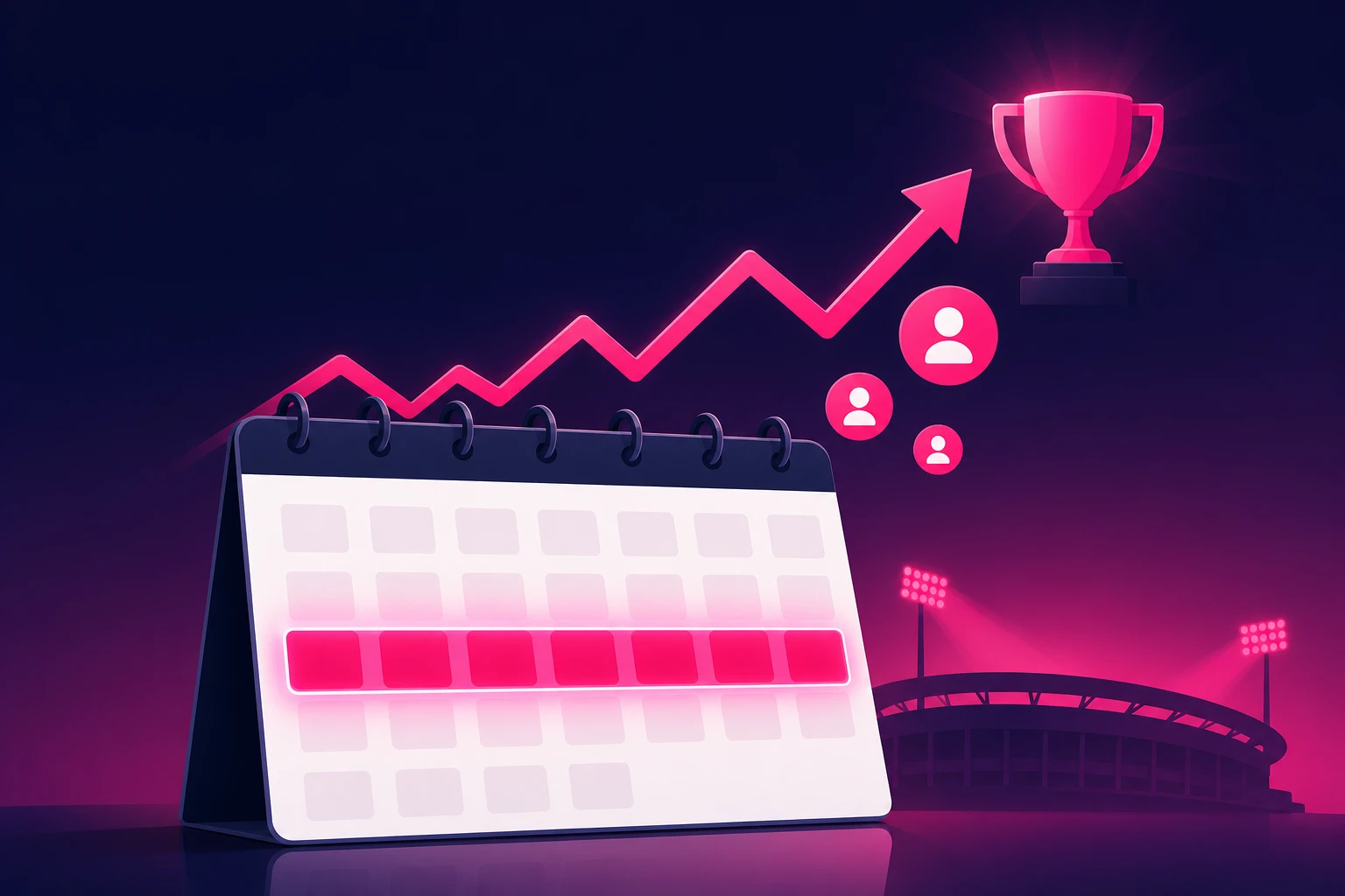 An illustration of a desk calendar with one week highlighted in pink and a growth line rising above it toward a trophy, with follower icons and a floodlit stadium in the background