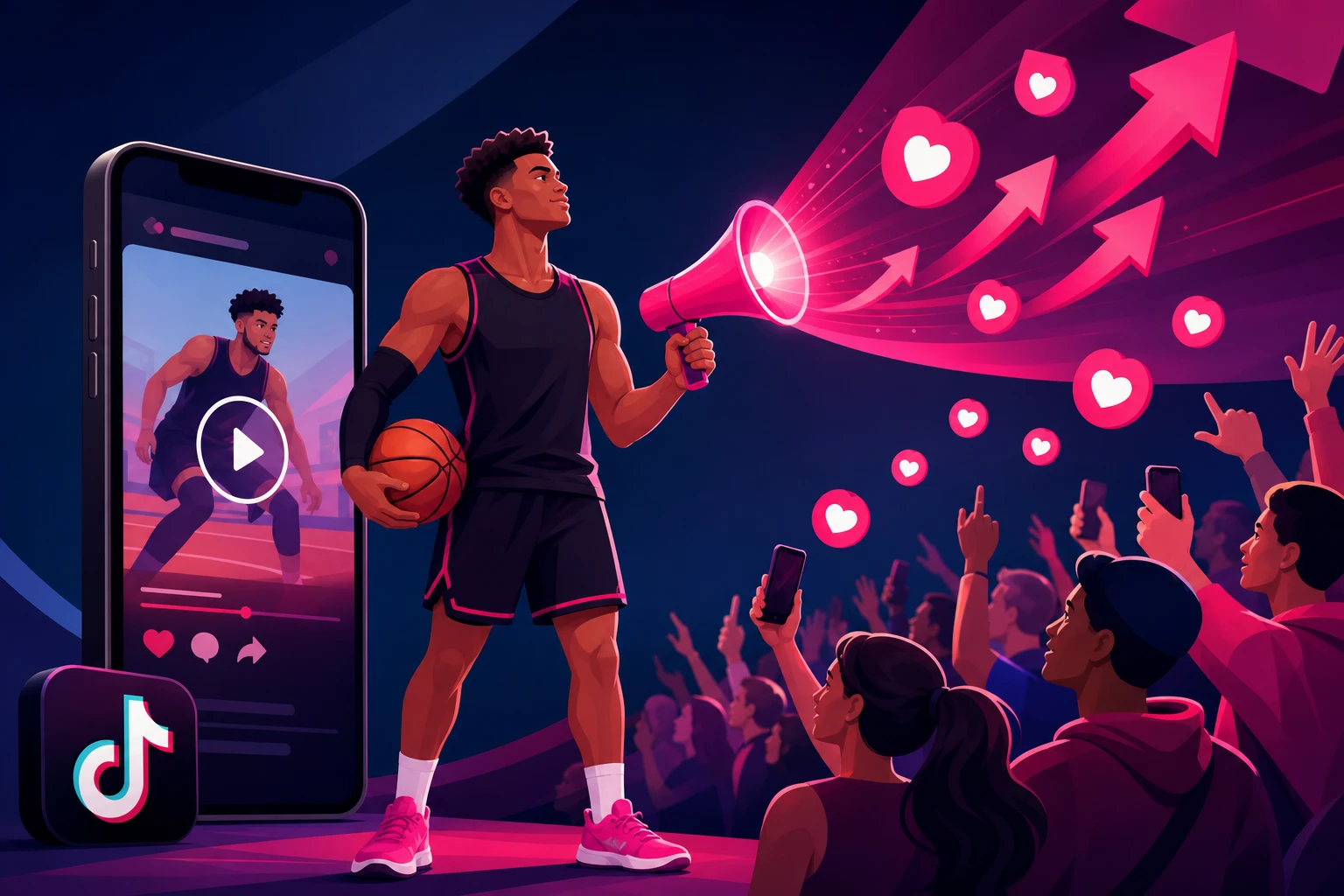 An illustration of a basketball athlete holding a megaphone that sends hearts and growth arrows toward a crowd of cheering fans with phones, beside a smartphone playing the athlete's highlight video
