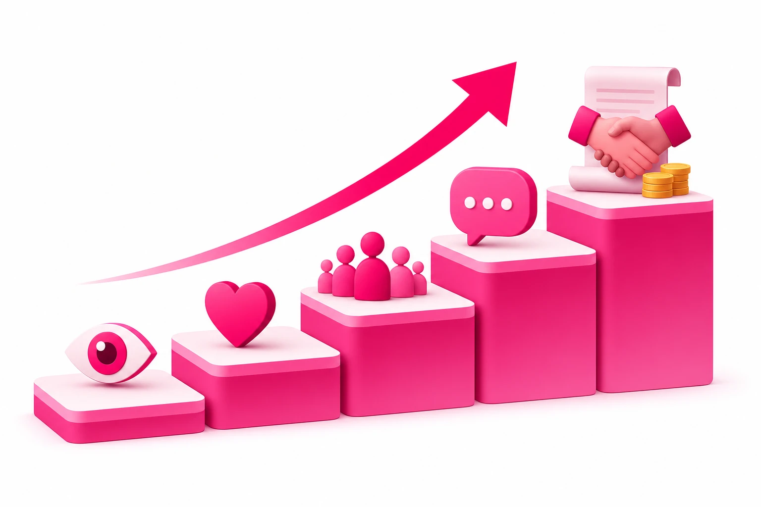 An ascending staircase of five pink platforms topped with an eye, a heart, a group of people, a chat bubble, and a handshake over a contract with gold coins, with a rising arrow sweeping overhead