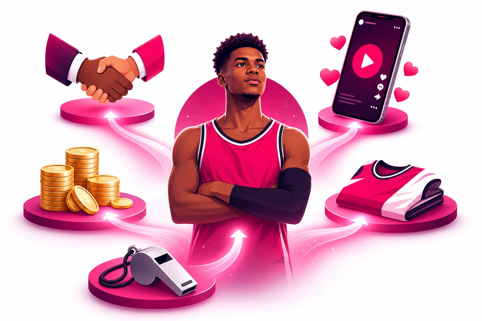 A confident athlete in a jersey surrounded by income streams flowing toward platforms holding a brand-deal handshake, stacks of gold coins, folded team merchandise, a coaching whistle, and a smartphone showing a video play button with hearts