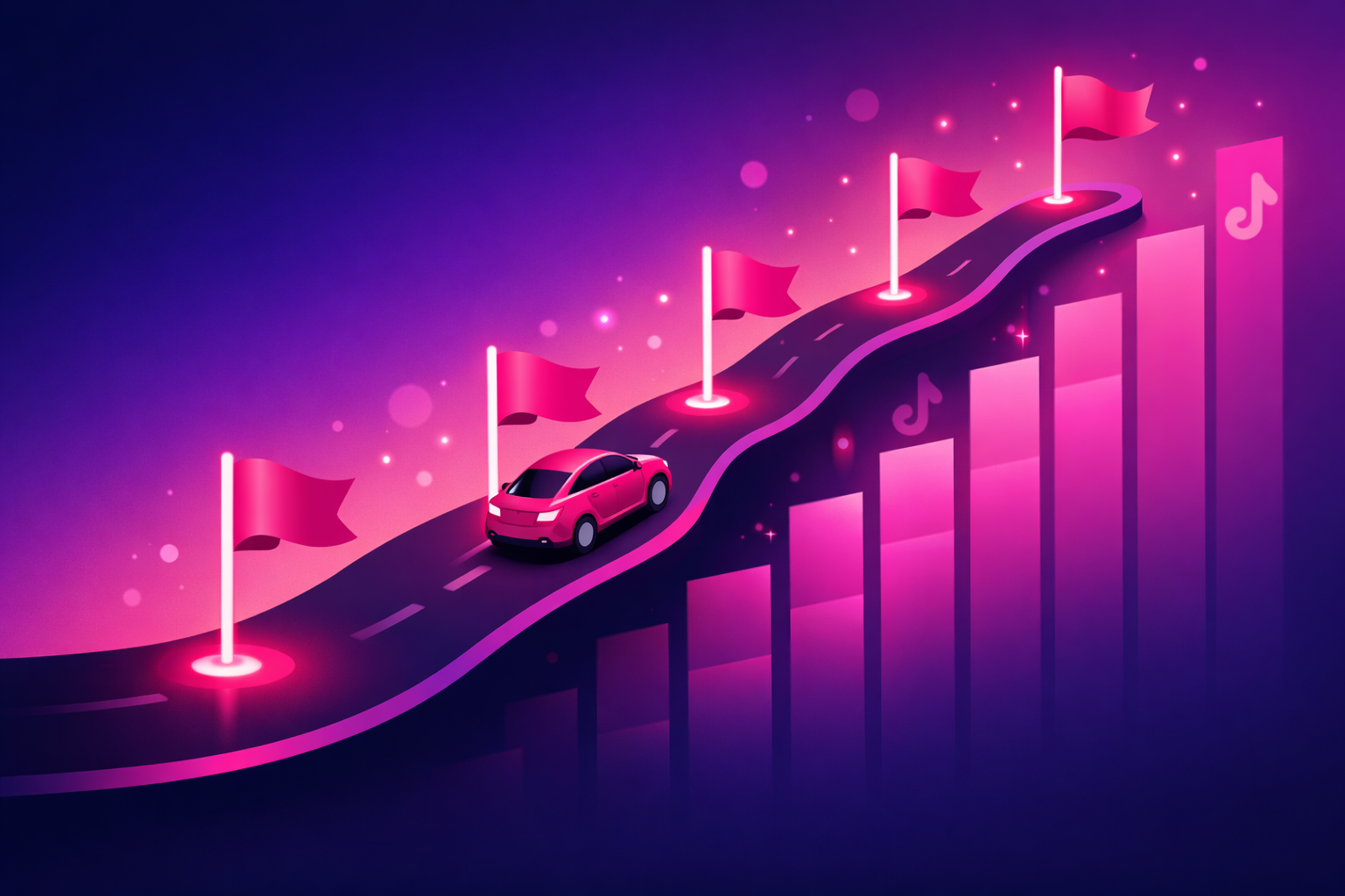 A car icon climbing an upward road past four glowing milestone flags representing the four phases of car TikTok growth, with ascending engagement bars in the background, on a pink and purple gradient