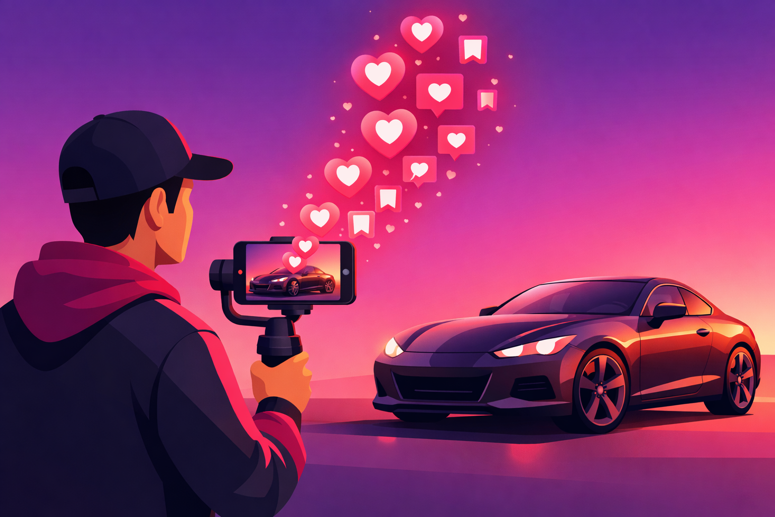 A car content creator filming a parked car with a smartphone on a gimbal while heart, follow, and save icons float upward from the screen, representing compounding engagement, on a pink and purple gradient background