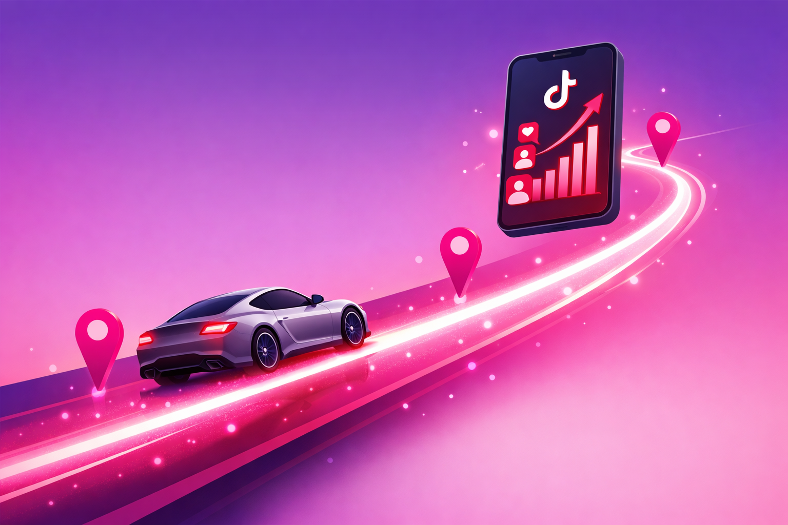 A sleek sports car driving up a glowing ascending growth curve toward a smartphone showing a rising TikTok follower counter, with milestone markers along the road, on a pink and purple gradient background
