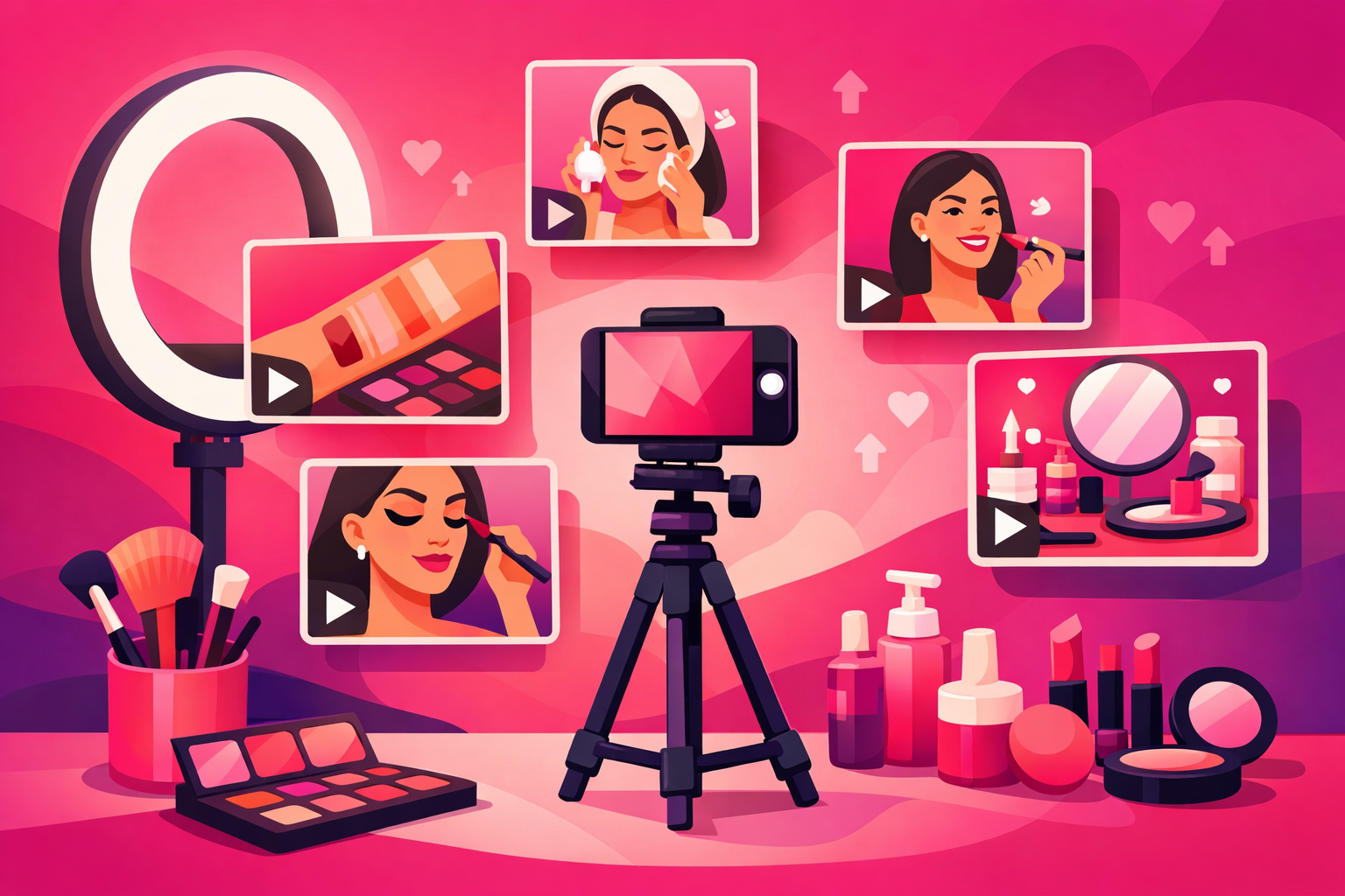 Beauty creator workspace with ring light, phone on tripod, makeup palettes, and multiple TikTok video thumbnails showing different beauty content types
