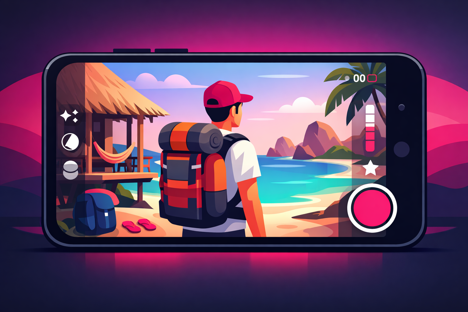 A smartphone filming a backpacker at a beautiful beach hostel, showing the contrast between affordable accommodation and stunning tropical scenery