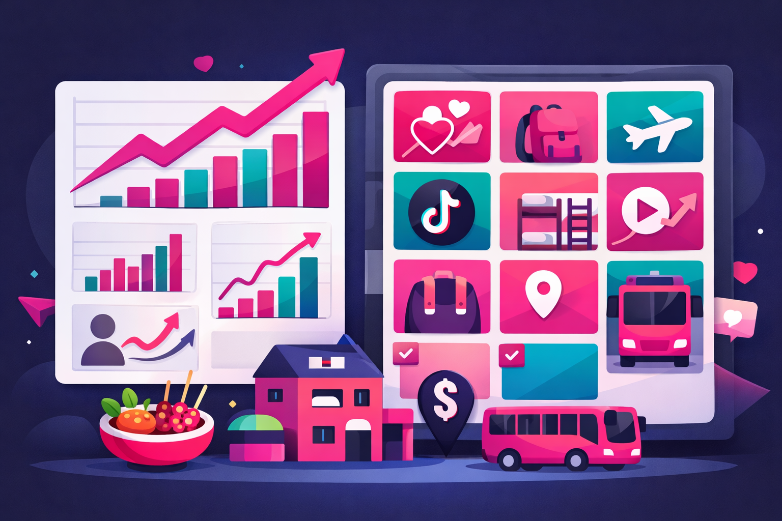 A content calendar and analytics dashboard for a budget travel TikTok account showing engagement metrics rising and follower growth charts