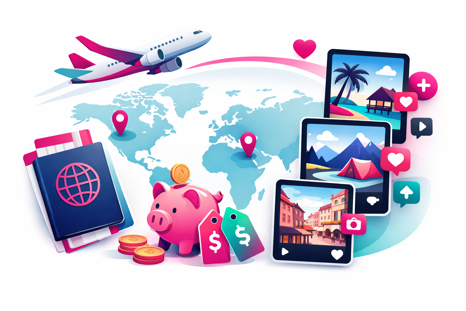 A passport, airplane, and world map surrounded by budget travel symbols like a piggy bank, price tags, and TikTok-style video frames showing affordable destinations