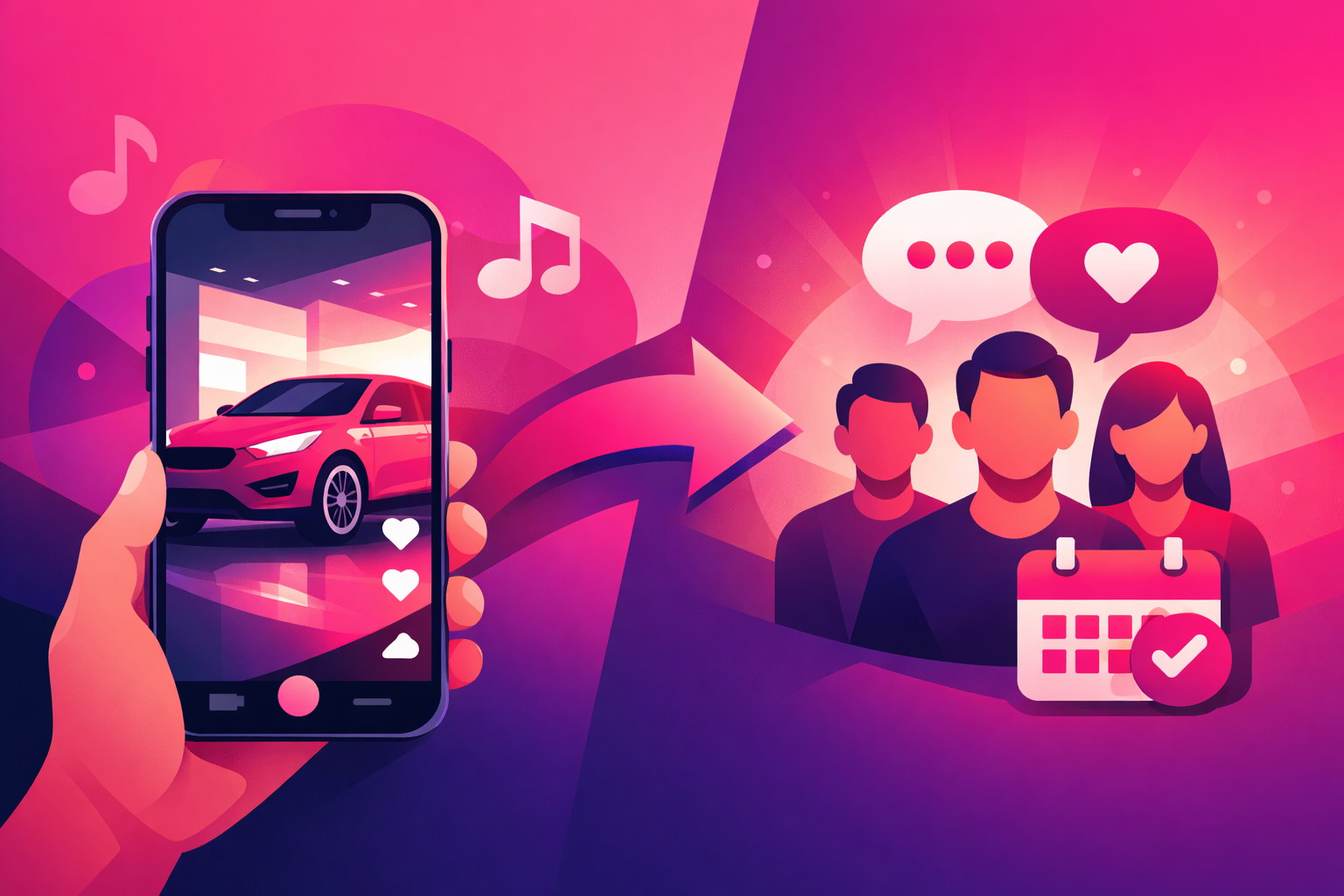 A split illustration showing the dealership funnel - a phone playing a car walkaround video on the left, an arrow flowing right into a group of qualified buyers with chat bubbles and a calendar booking icon, on a pink and purple gradient