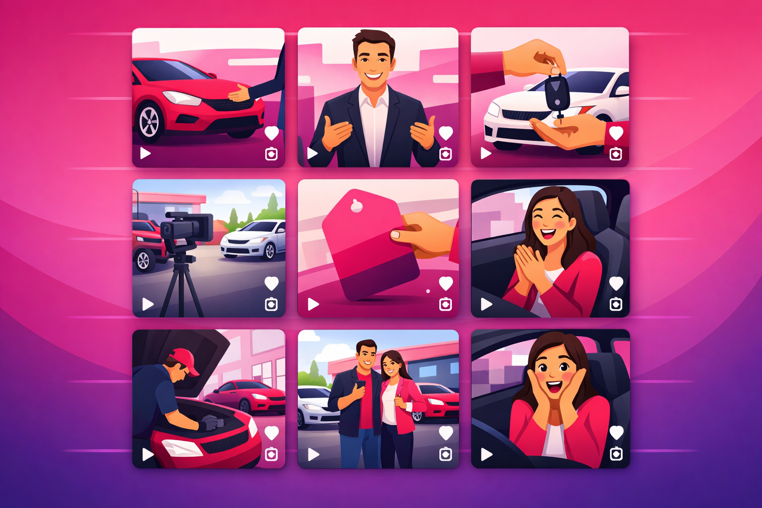 A grid of nine vertical TikTok video thumbnails showing dealership content formats - a car walkaround, a salesperson talking to camera, a key handover, a behind-the-scenes lot tour, a price reveal tag, and excited customer reactions - arranged like a content calendar on a pink and purple gradient