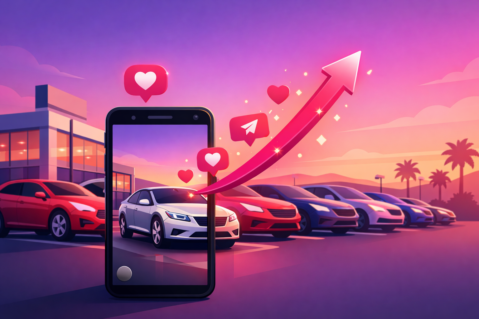 A car dealership lot at golden hour with a row of vehicles and a smartphone filming one car in vertical TikTok format, with engagement hearts and a rising sales arrow floating up from the screen, on a pink and purple gradient background