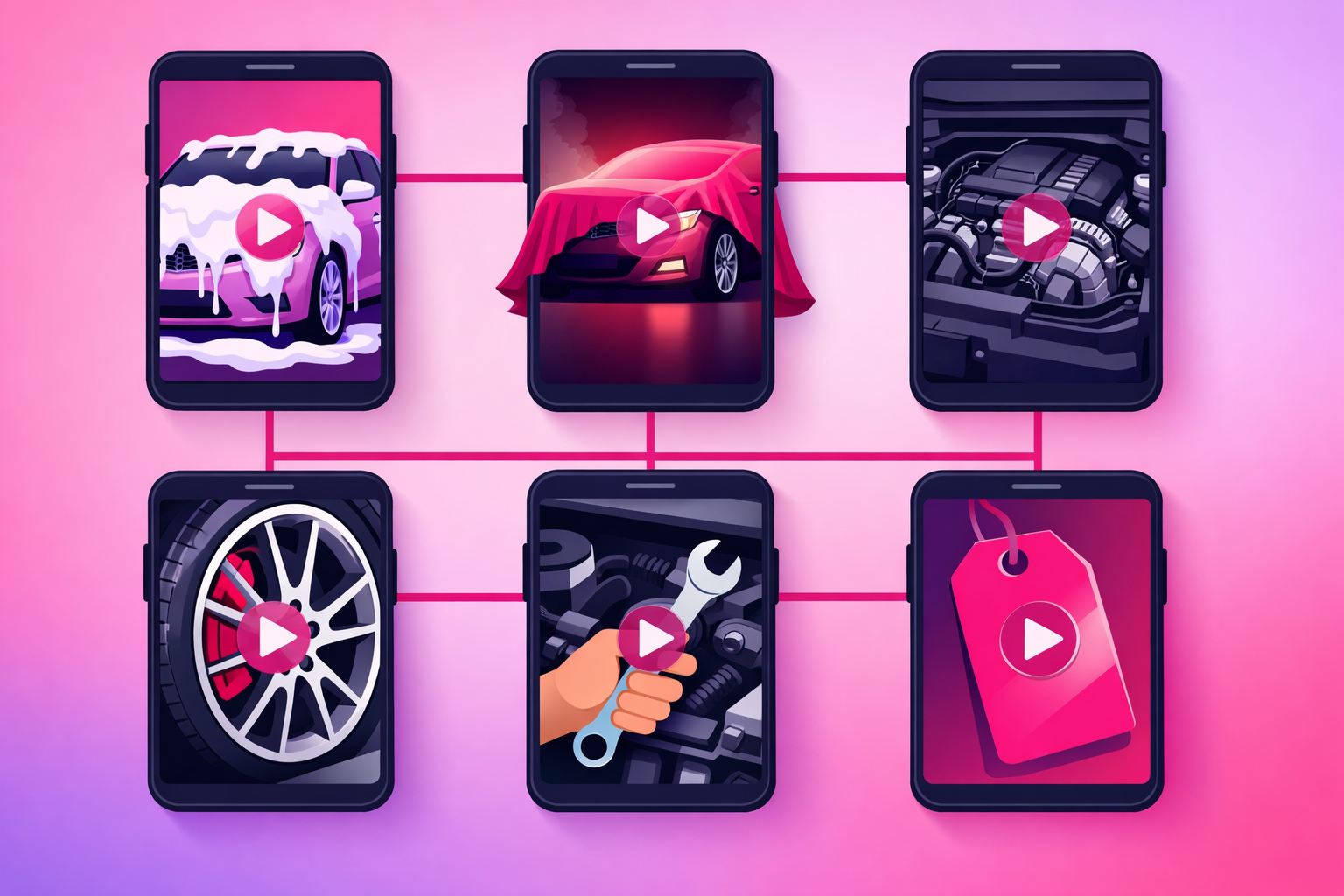 A grid of six car video concept thumbnails on vertical phone screens - a detailing foam wash, a car reveal, an engine bay, a wheel close-up, a DIY repair wrench, and a price tag - connected by minimal pink lines on a soft pink and purple gradient background