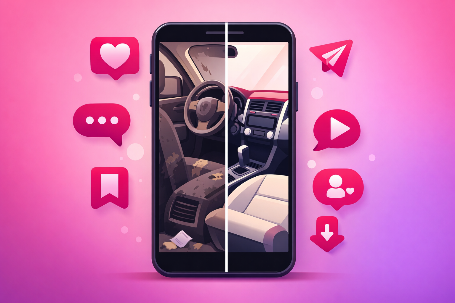A split-screen before-and-after car detailing transformation on a vertical smartphone, dirty interior on one side and spotless finished result on the other, surrounded by save and share engagement icons on a soft pink and purple gradient background
