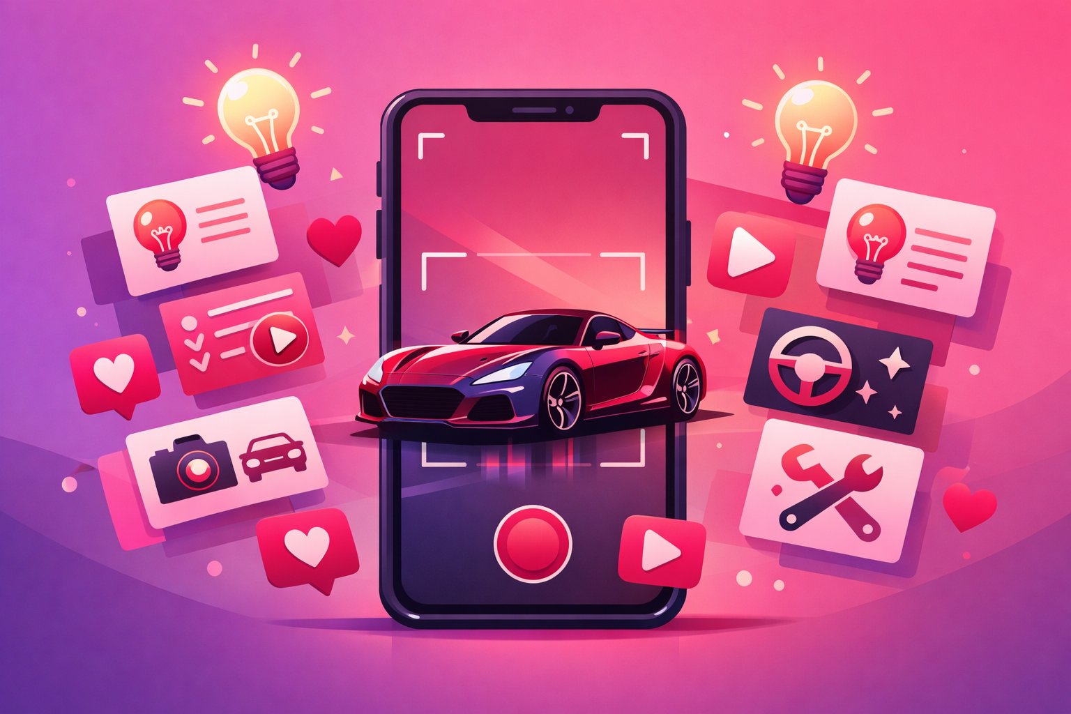 A smartphone filming a glossy sports car surrounded by floating content-idea cards, lightbulb icons, and engagement icons on a soft pink and purple gradient background