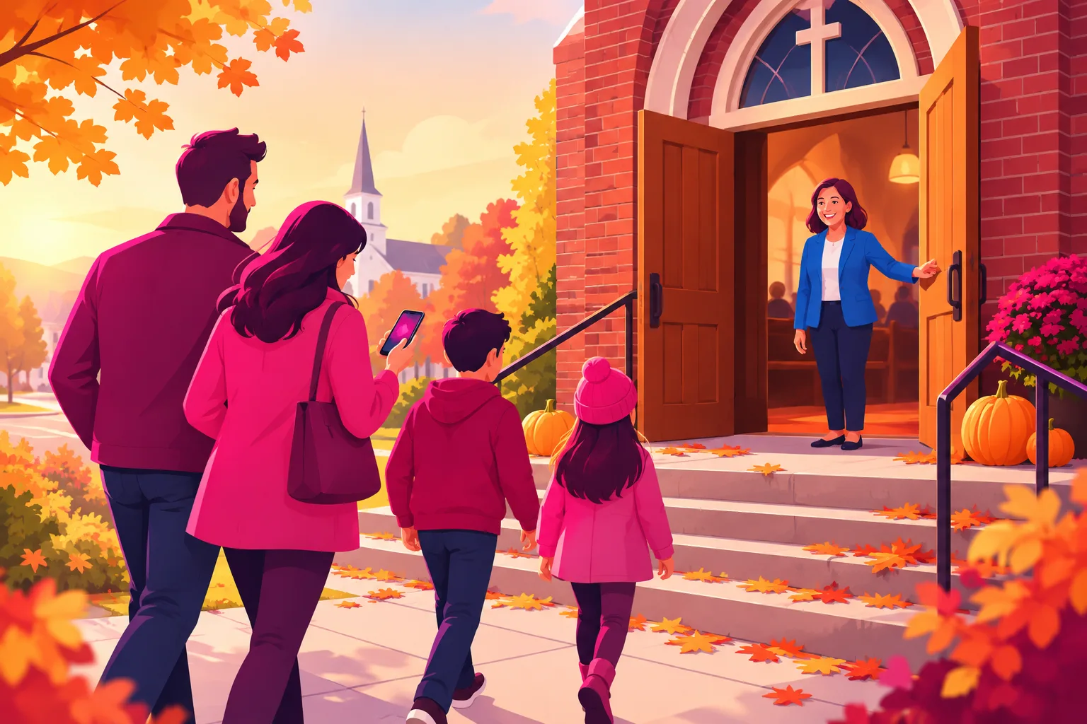 An illustration of an autumn Sunday outside a small-town brick church with fallen orange leaves on the front steps, a couple of pumpkins by the open wooden doors, a smiling greeter in a blue jacket holding the door, and a family walking up the path while one of them glances at a smartphone