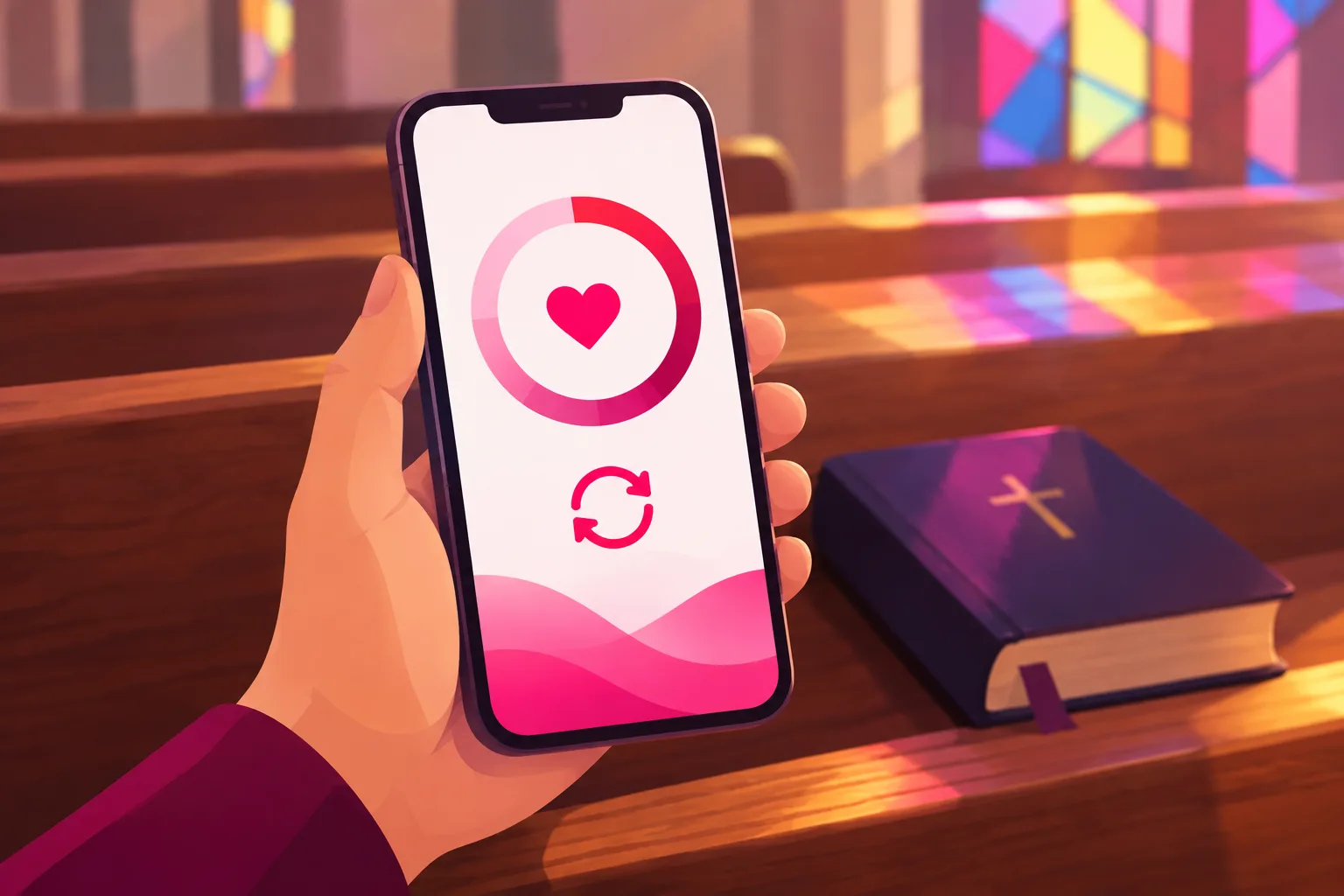 An illustration of a hand holding a smartphone showing a simple abstract giving screen made of a circular progress ring, a small repeat-arrows icon, and a heart, with a wooden church pew and a hymnal softly blurred behind it and stained-glass colored light falling across the pew