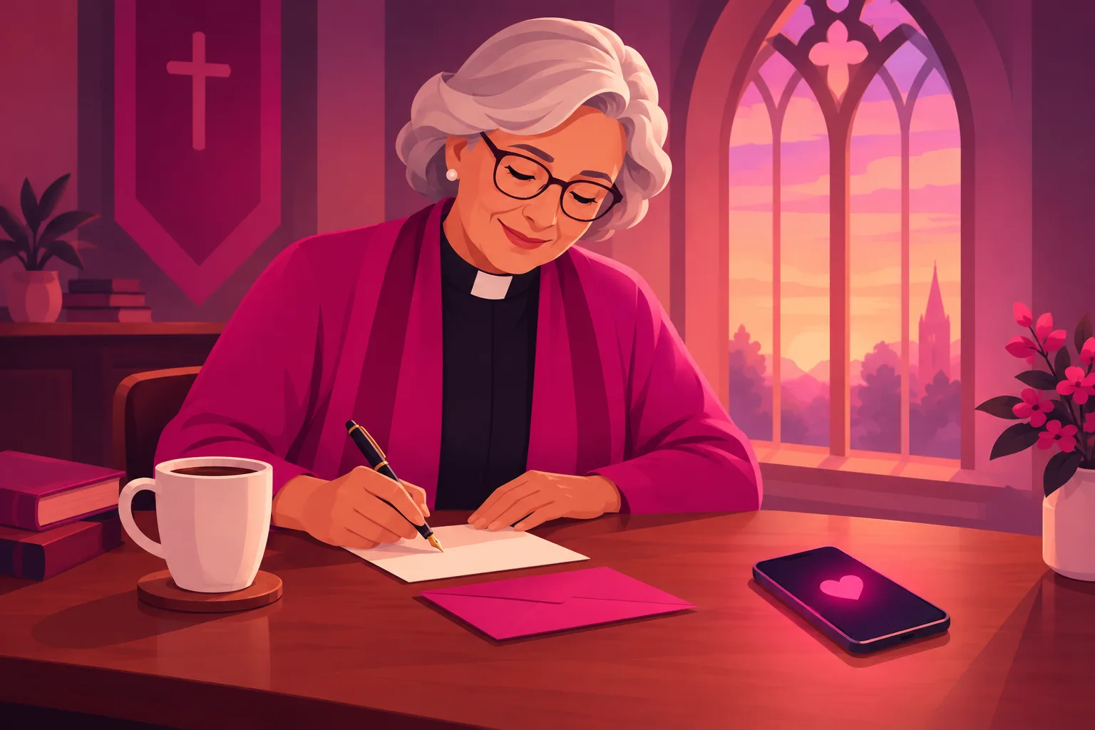 An illustration of an older pastor at a wooden desk handwriting a thank-you note on a small card with a fountain pen, a cup of coffee beside her, a tall arched church window with soft evening light behind her, and a smartphone face-up on the desk showing a single floating heart