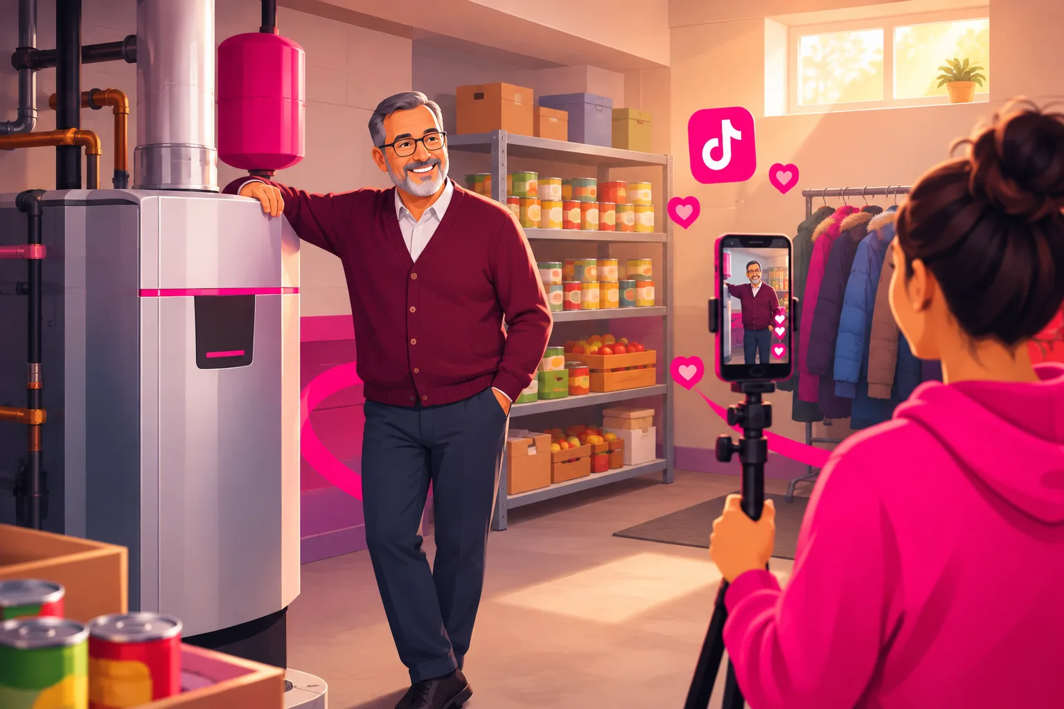 An illustration of a kindly middle-aged pastor in a cardigan standing in a church basement beside a gleaming newly installed boiler with one hand resting on it, while a young volunteer films on a smartphone on a small tripod, with a food pantry shelf and a rack of winter coats behind them in soft warm light