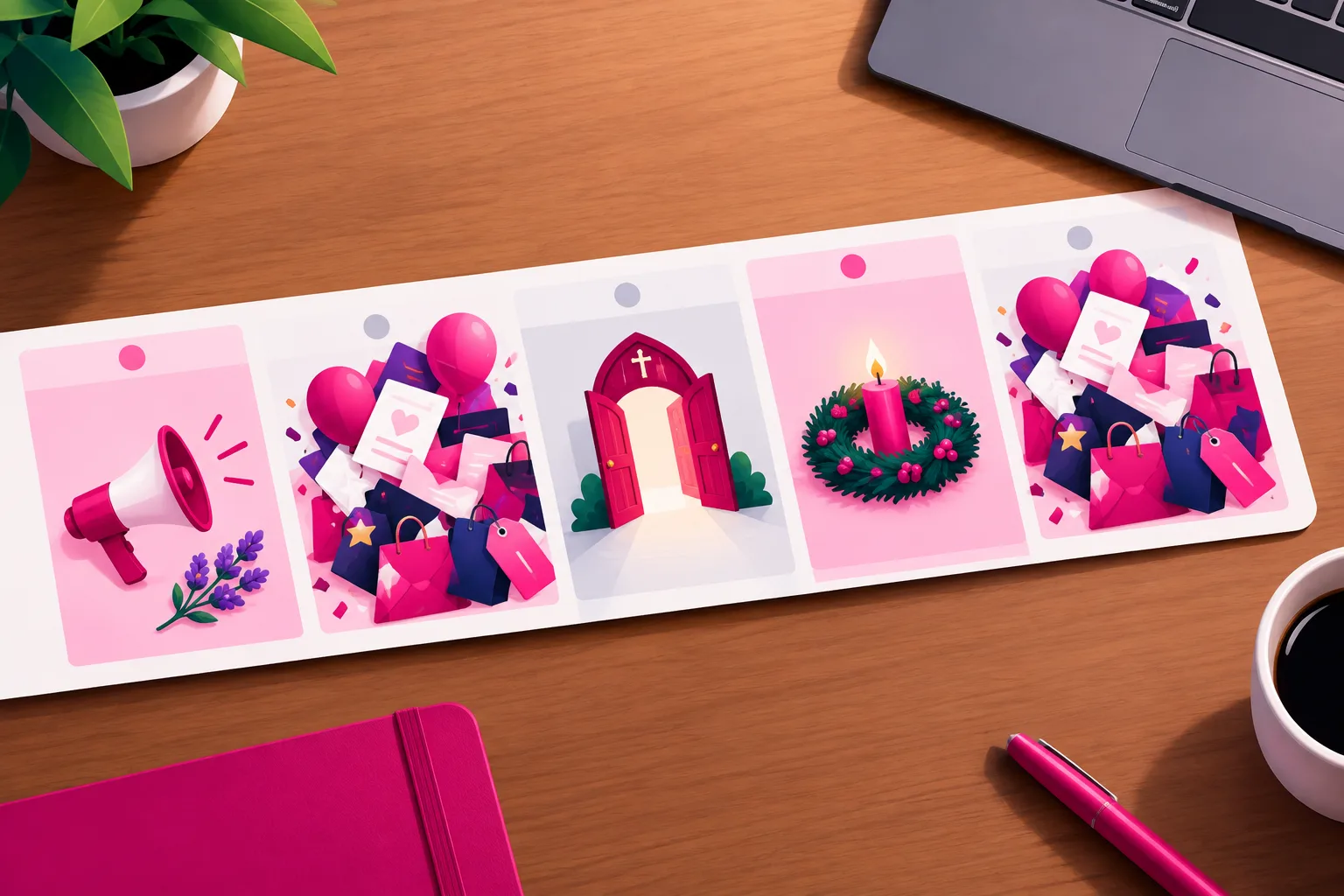 An illustration of a church-year calendar strip on a wooden desk, with a stretch of early spring weeks highlighted in soft pink under a small megaphone and a sprig of purple flowers, followed by a single crowded week packed with overlapping invitation cards, balloons, and price tags, then a quiet week with a single open church door icon, and further along a second pink stretch in early winter with a candle wreath, again followed by a crowded week