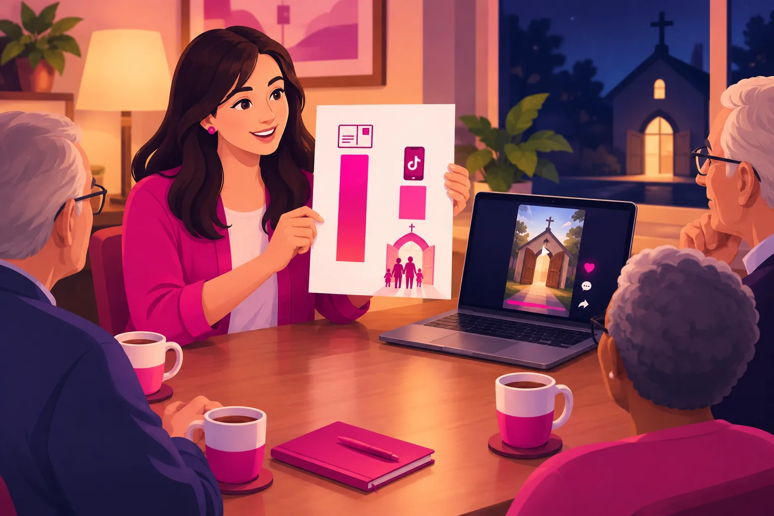 An illustration of a volunteer church social media manager at a kitchen table at night holding up a single sheet toward a small group of elders, the sheet showing two side-by-side bar charts drawn with icons, a taller bar topped with a postcard and a shorter bar topped with a phone with a small row of family figures walking through an open church door beneath it, with a laptop showing a vertical video thumbnail of church doors and mugs of tea on the table