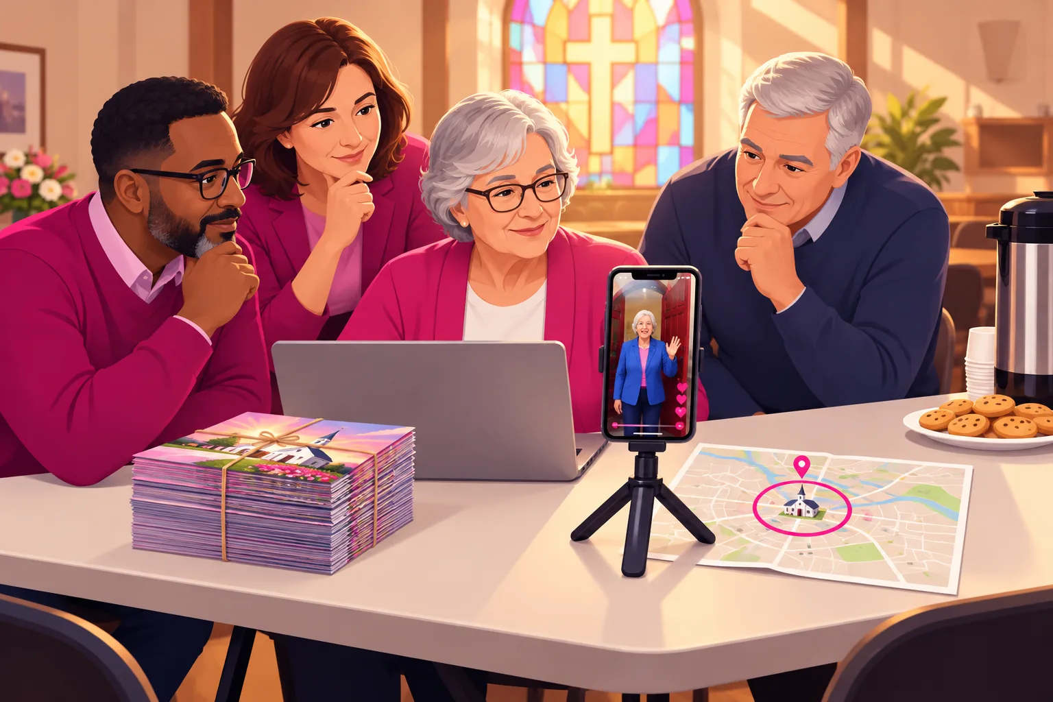 An illustration of a church finance committee at a long folding table in a warm fellowship hall, where a gray-haired treasurer sits at a laptop with a tall stack of Easter postcards on one side and, on the other, a phone on a small tripod playing a vertical video of a smiling greeter in a blue jacket at open red church doors, beside a small town map with a tight pink circle drawn around a little white church