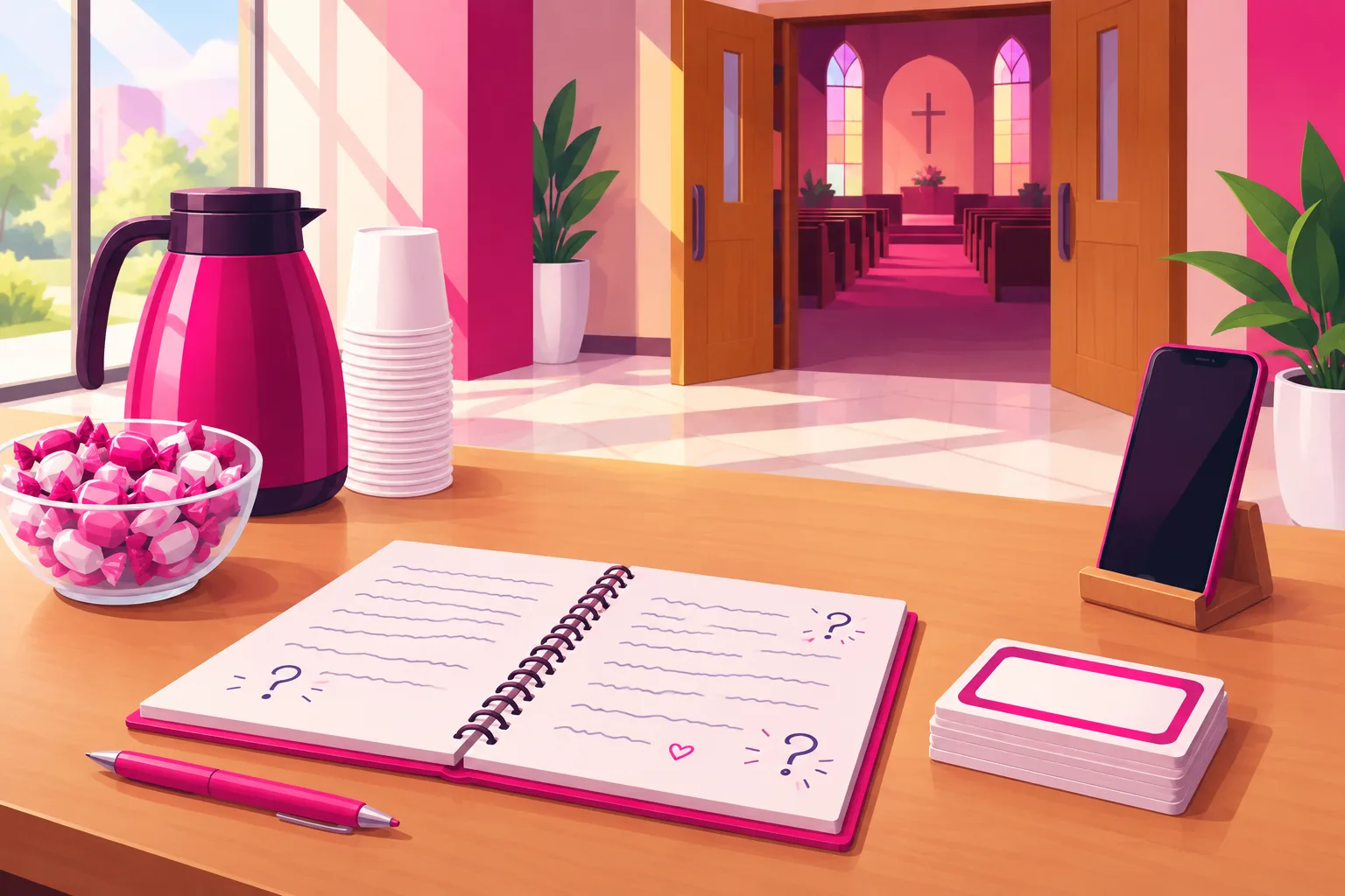 An illustration of a church welcome desk in a sunny lobby with an open spiral notebook filled with scribble lines and doodled question marks, a bowl of wrapped mints, a stack of blank name-tag stickers, a coffee carafe and paper cups, a smartphone standing in a small holder, and the wooden sanctuary doors ajar in the background