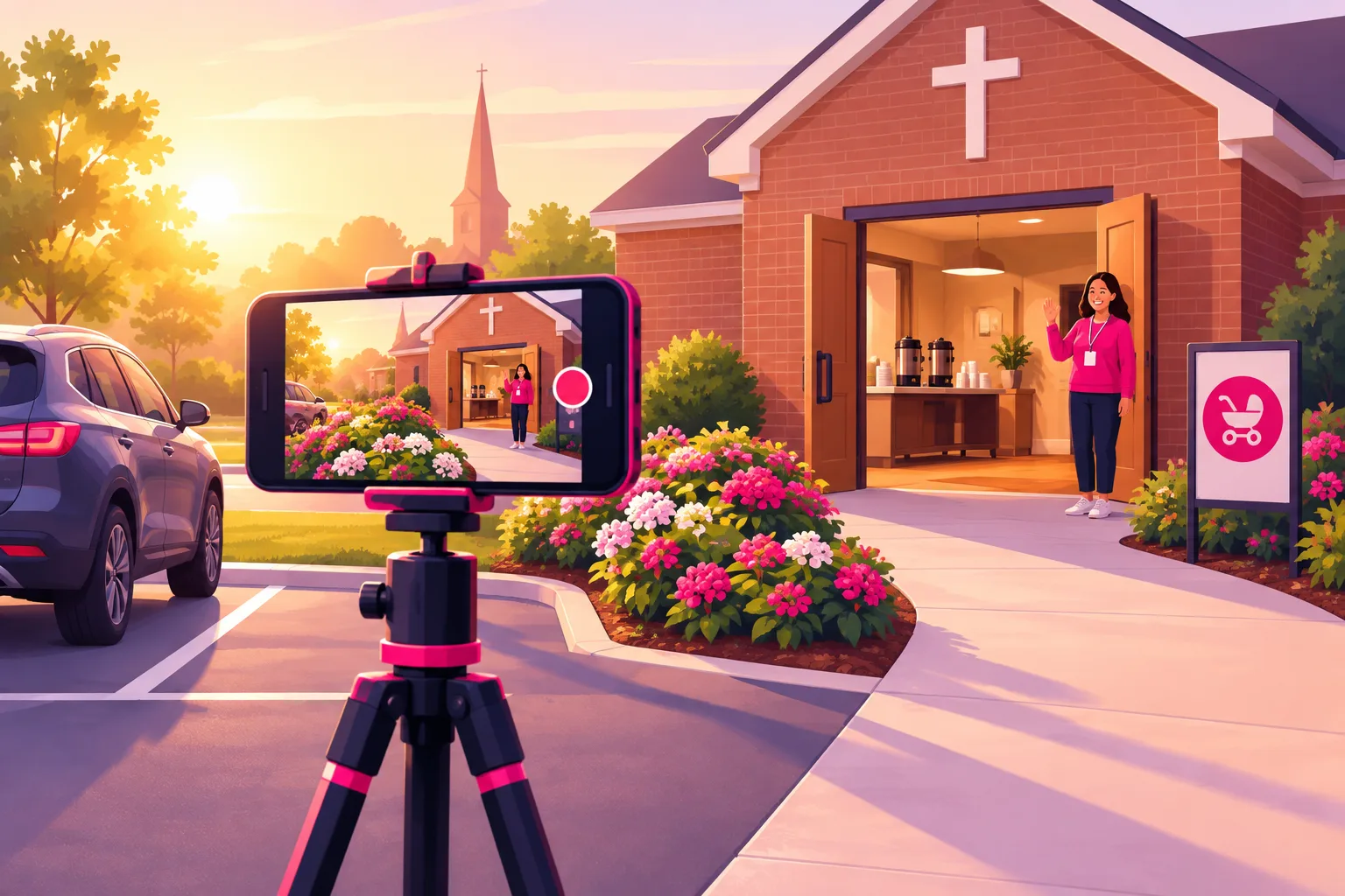 An illustration of a smartphone on a tripod in a church parking lot in golden morning light, framing the walking path from a parked car past a flower bed to the open front doors of a small brick church, where a friendly greeter in a sweater waves beside a simple icon-only sign showing a stroller, with a coffee station visible inside the doorway