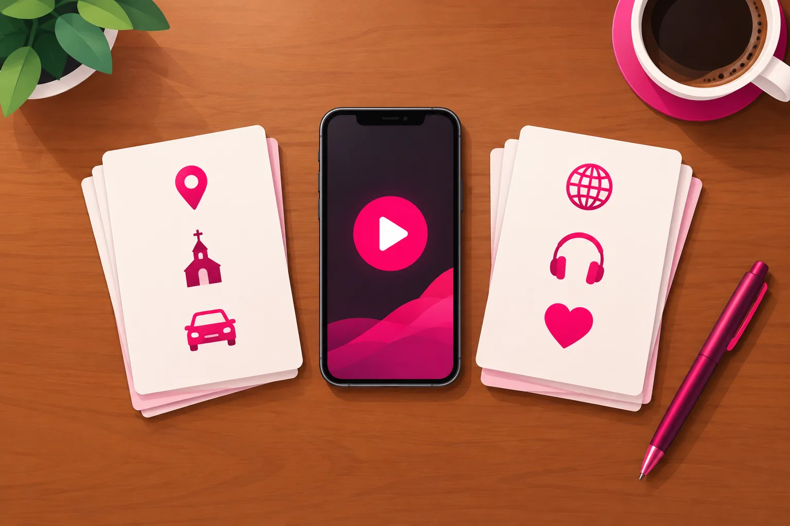 An illustration of a wooden table seen from above with two piles of blank index cards and a smartphone showing a play button between them - the left pile marked with small icons of a map pin, a church steeple, and a car, the right pile marked with small icons of a globe, headphones, and a heart - with a cup of coffee and a pen beside them